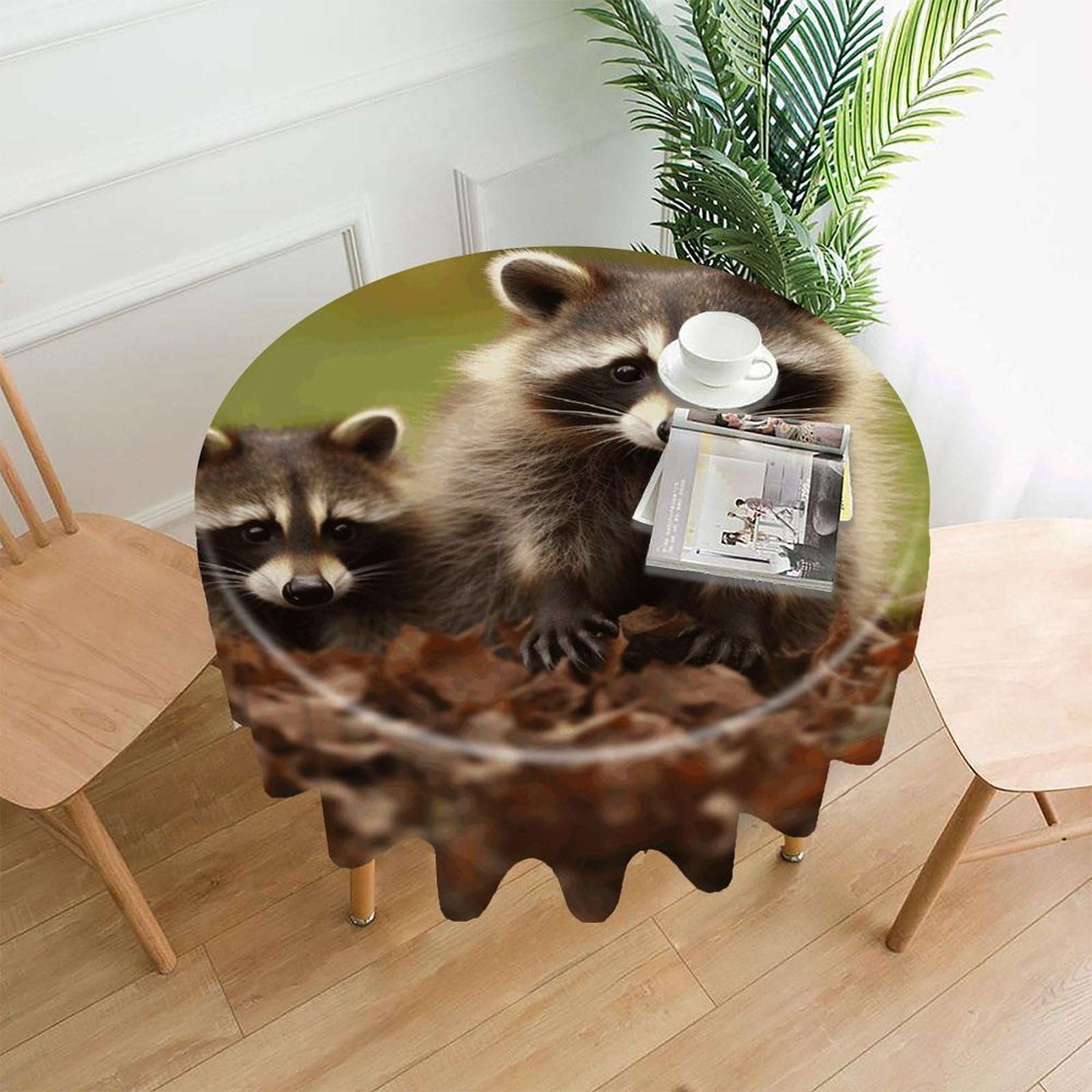 Raccoon Tablecloth Exquisite Wrinkle-Free Straight-Edge Round Table Cloth Anti-Fading Premium Polyester Tablecloth Waterproof Folding Table Cloths for Tables Decor