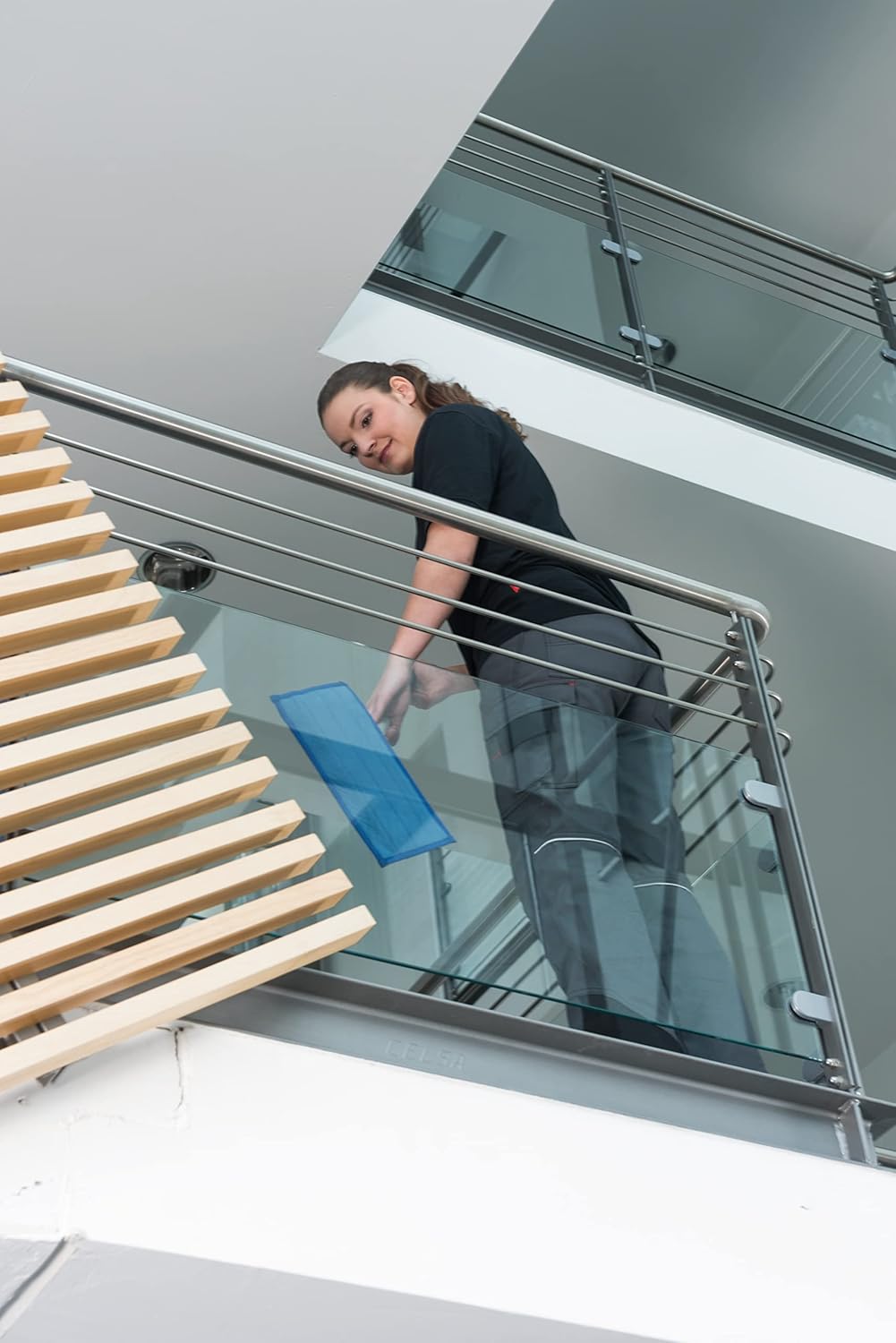 Vileda Professional Indoor Cleaning Set 2 Mop Sets with Holder and Telescopic Handle Microfibre Black for Glass, Mirror, Stainless Steel, Blackboard, Table, Laminate, Glossy Surfaces