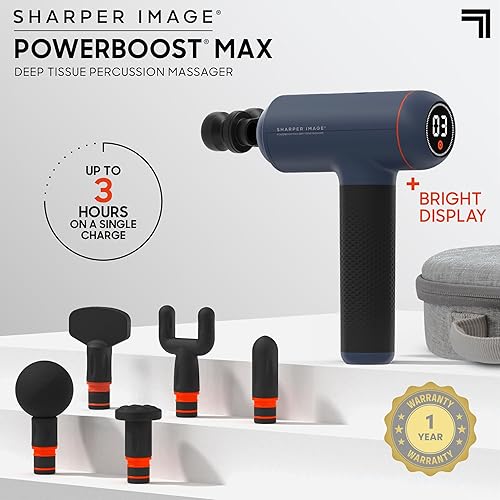 Miniatura 2 de Sharper Image Pistola de masaje de percusión de tejido profundo, masajeador de mano recargable Powerboost Max, 7 velocidades ajustables, 6 cabezales