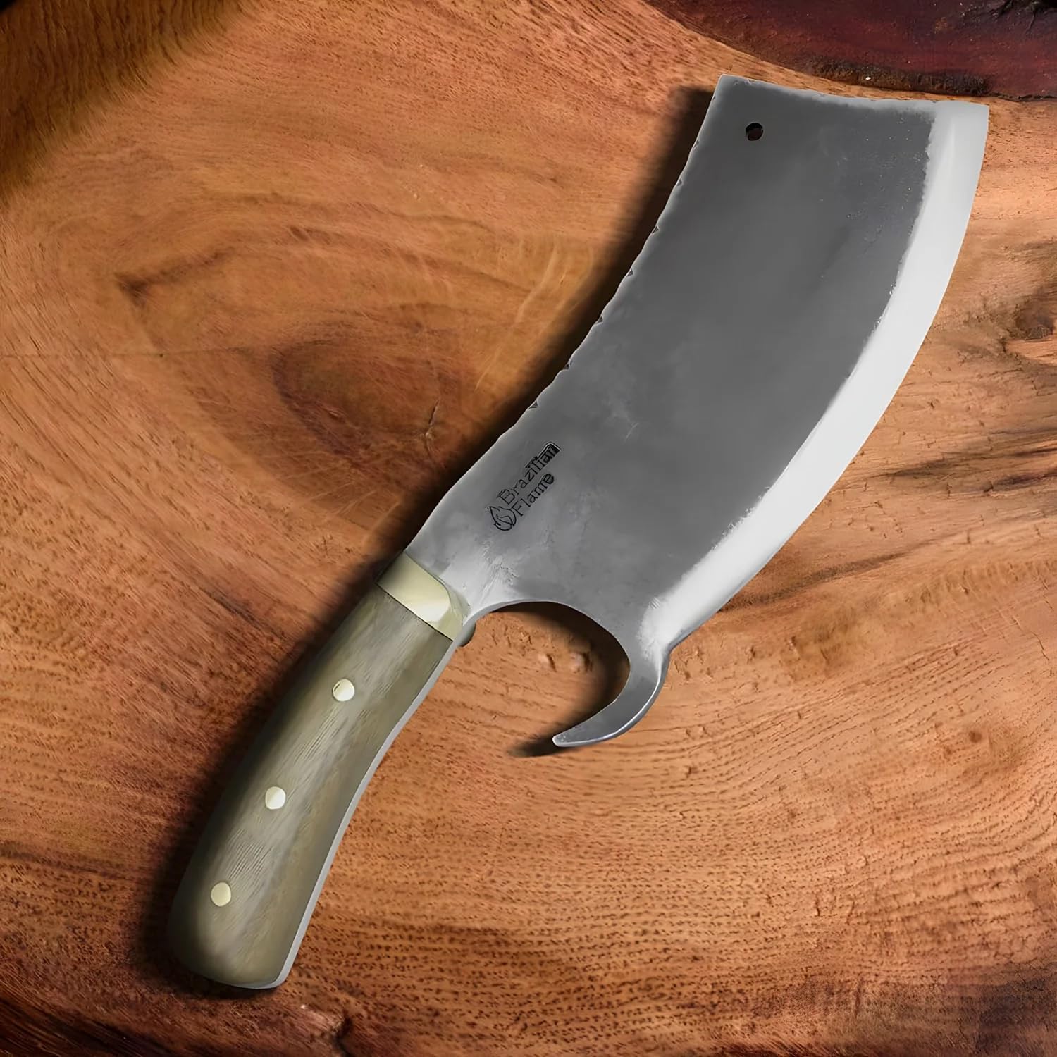 Brazilian Flame Rustic Butcher Knife - 8” High Carbon Steel Blade, Ultra Sharp, Full Tang Handle, Heavy Duty for BBQ, Butchering, Kitchen Use (KF-REF141-8)