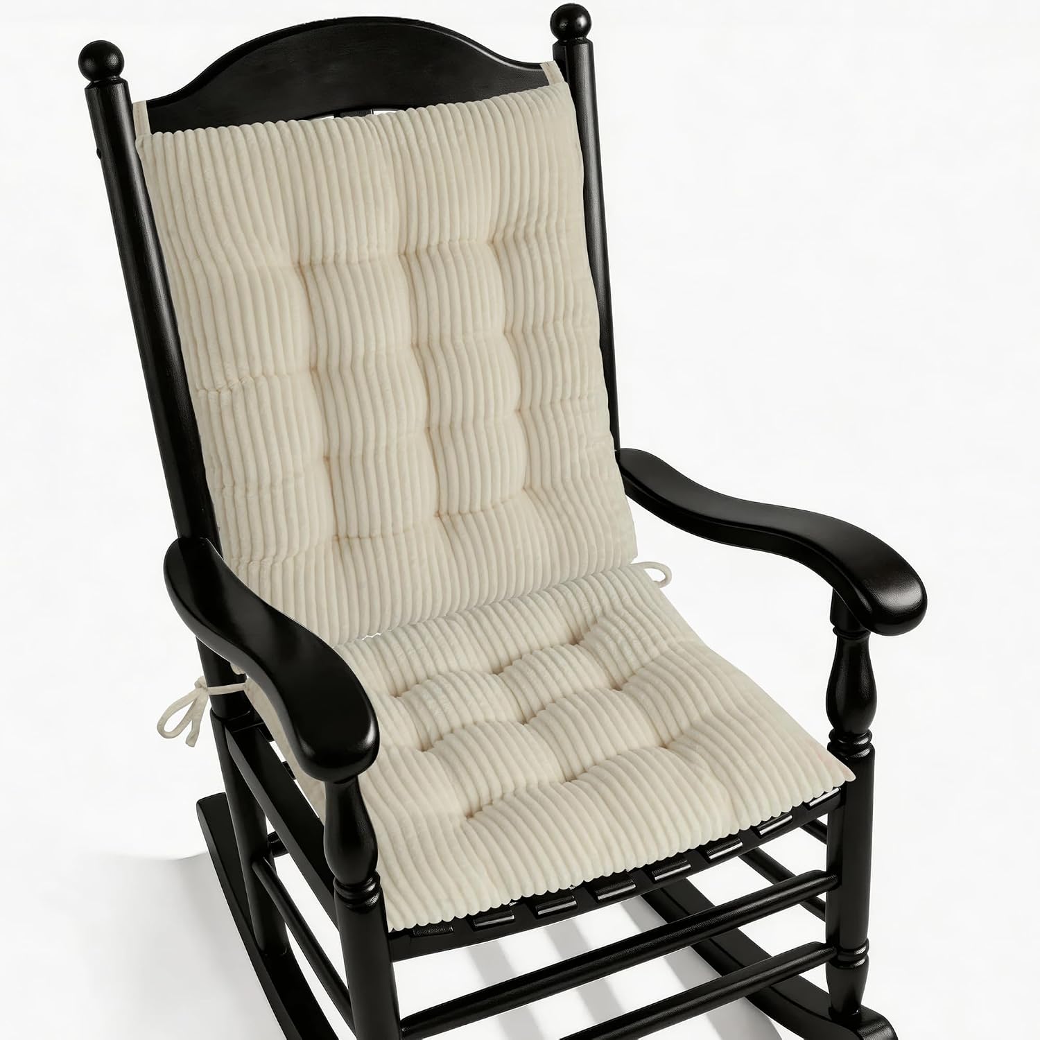 ELFJOY Corduroy Rocking Chair Cushions Indoor 2 Piece Set Cream | 17"x17"x3"/21"x17"x3", Seat and Back Cushions, for Living Room, for Patio Chairs, with Ties, Durable, Tufted