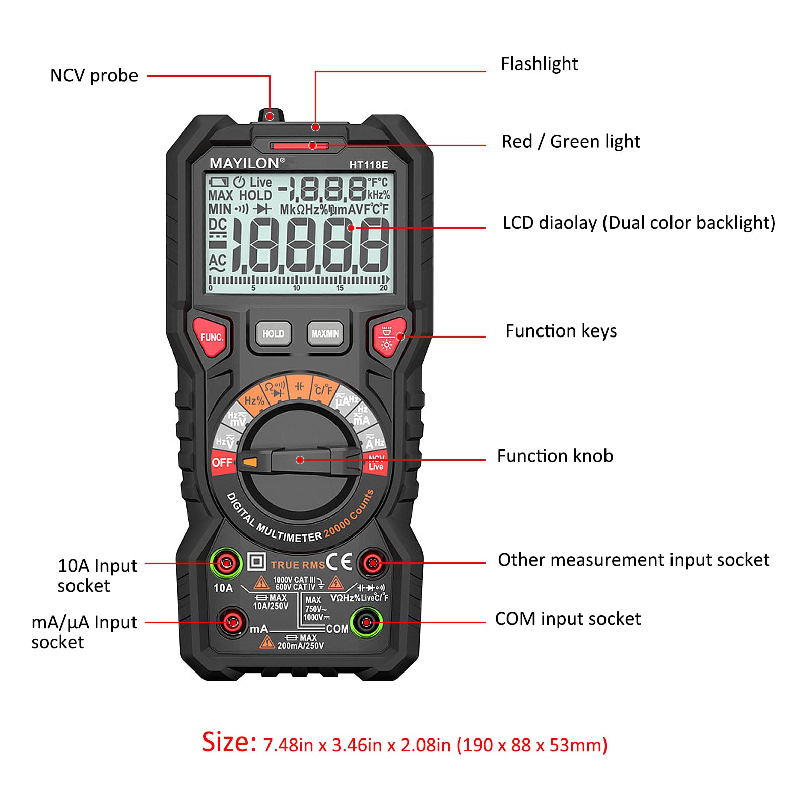 HT118E 20000 Zählt Multimeter Digital, Strommessgerät True RMS mit NCV und LIVE-Draht Erkennung, misst AC/DC Spannung und Strom, Temperatur, Kapazität, Widerstand, Dioden, Kontinuität, Frequenz