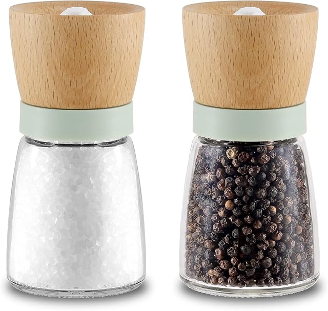 Vevouk Wood Salt and Pepper Grinder Set,Adjustable Coarseness Ceramic Peppercorn Mill ,Wooden Hand Grinder Mill Refillable Sea Salt Spice Grinders,Green Color Table Salt Shaker, Home Gift