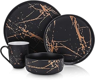 Stone Lain Modern Splash Exquisite Fine China Dinnerware Set, 16 Piece - Service for 4, Black & Gold