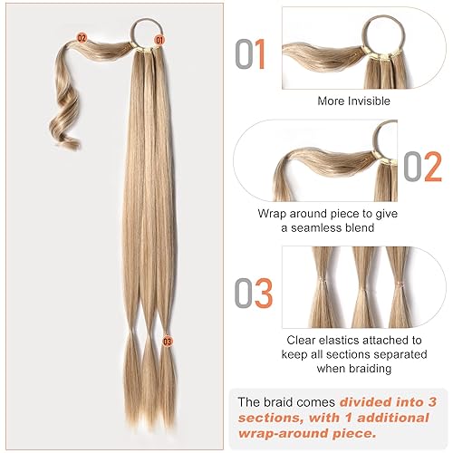 Miniatura 2 de SEIKEA Extensión de cola de caballo de trenza larga mejorada con lazo elástico, lacio, elegante extensiones de cabello trenzado envolvente, color