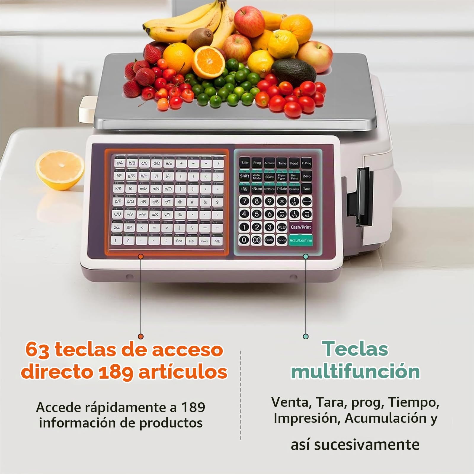 Bascula de Comercio Digital Electronica, 30KG Balanza Comercial para Pesar Fruta, Verdura Peso, Pantalla LCD Digital de Doble Cara, Impresión de Adhesivo y Recibo Térmico