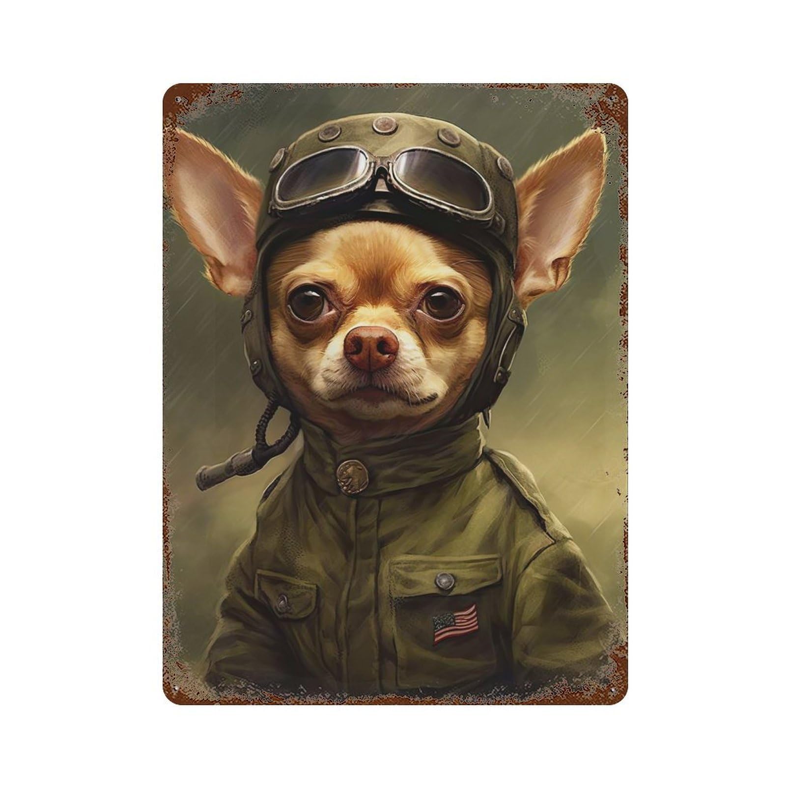 Garage Style Chihuahua Soldier Distressed Metal Wall Sign 15.7"x11.8", Decorative Metal Wall Art for Bar And Workshop
