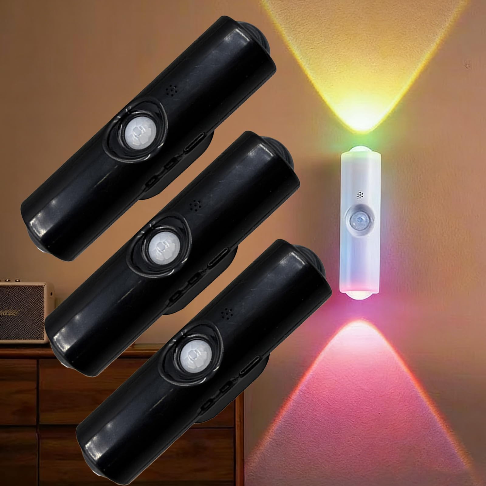 Rechargeable Smart LED Motion Sensor Ambient Light,Punch-Free Color Changing Motion Sensor Light,for Staircases,Corridor,Wardrobe, Cabinet (Black,7color,3)