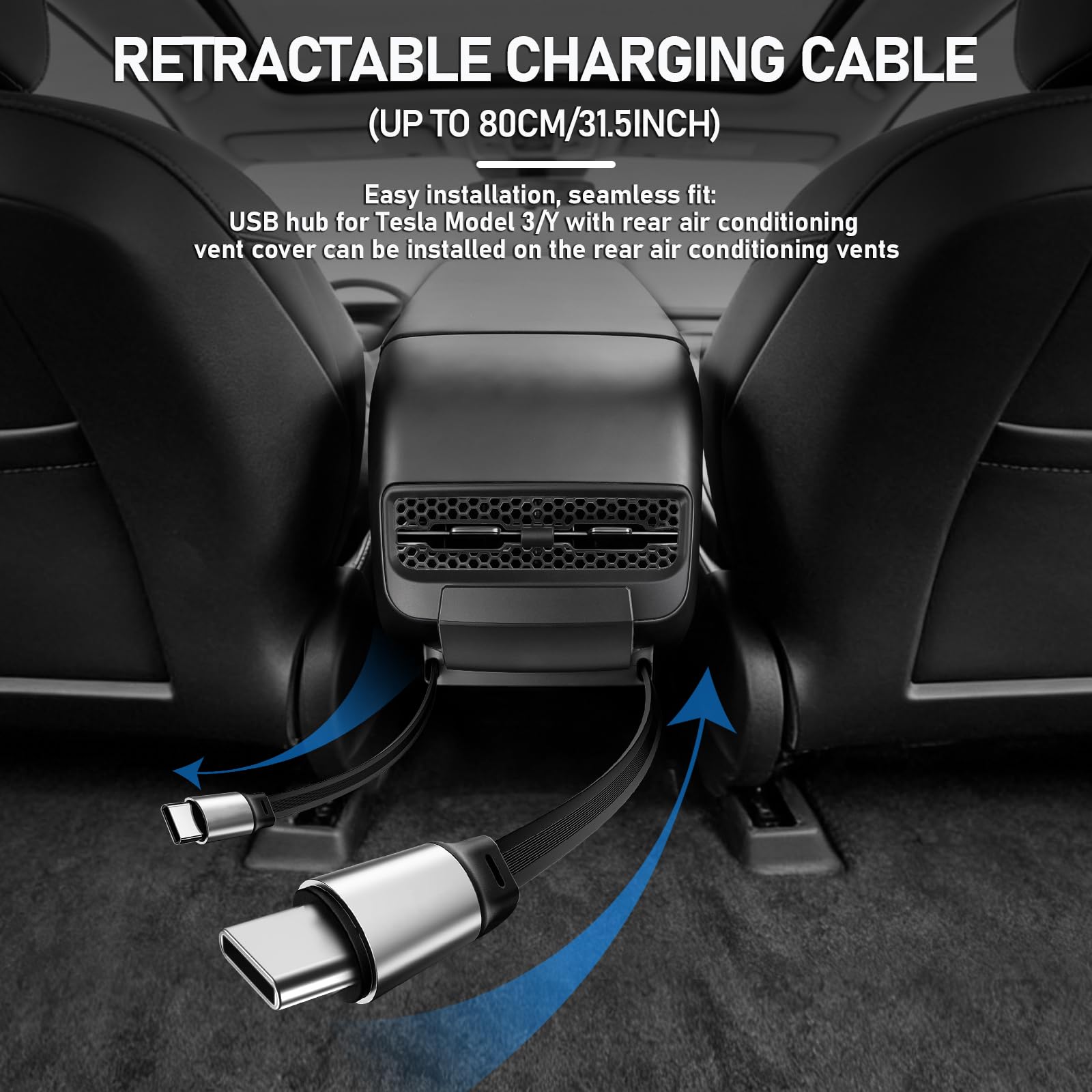 Hub de carga USB trasero para Tesla Model Y 2021-2024, accesorios - Hub de carga rápida de 4 puertos con cubierta deslizante, 2 estaciones de acoplamiento tipo C para Tesla Model 3