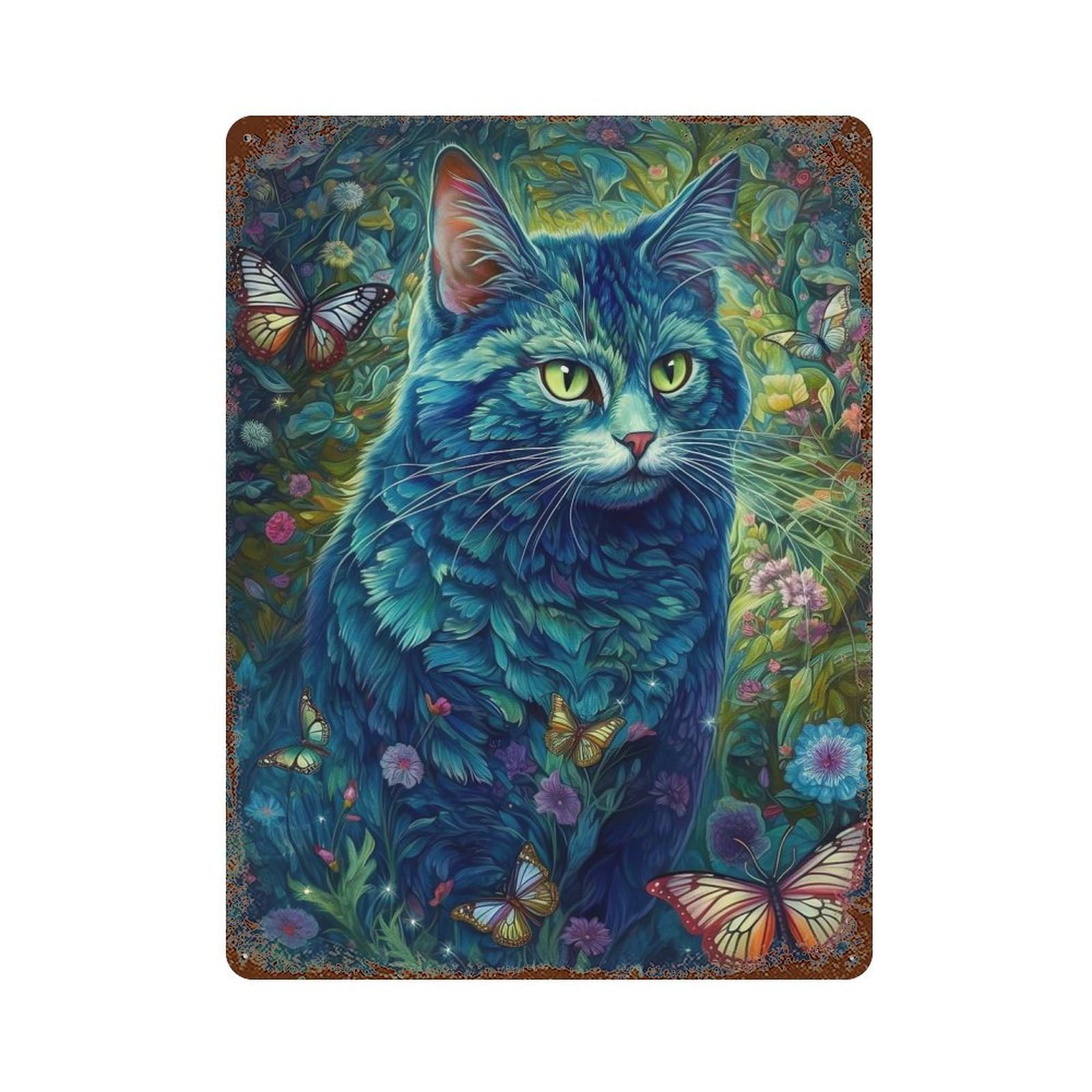 Vintage Rust Metal Sign with Cute Cat Butterfly Design 15.7"x11.8", for Office, Studio And Wall Decor, Farmhouse Wall Decor