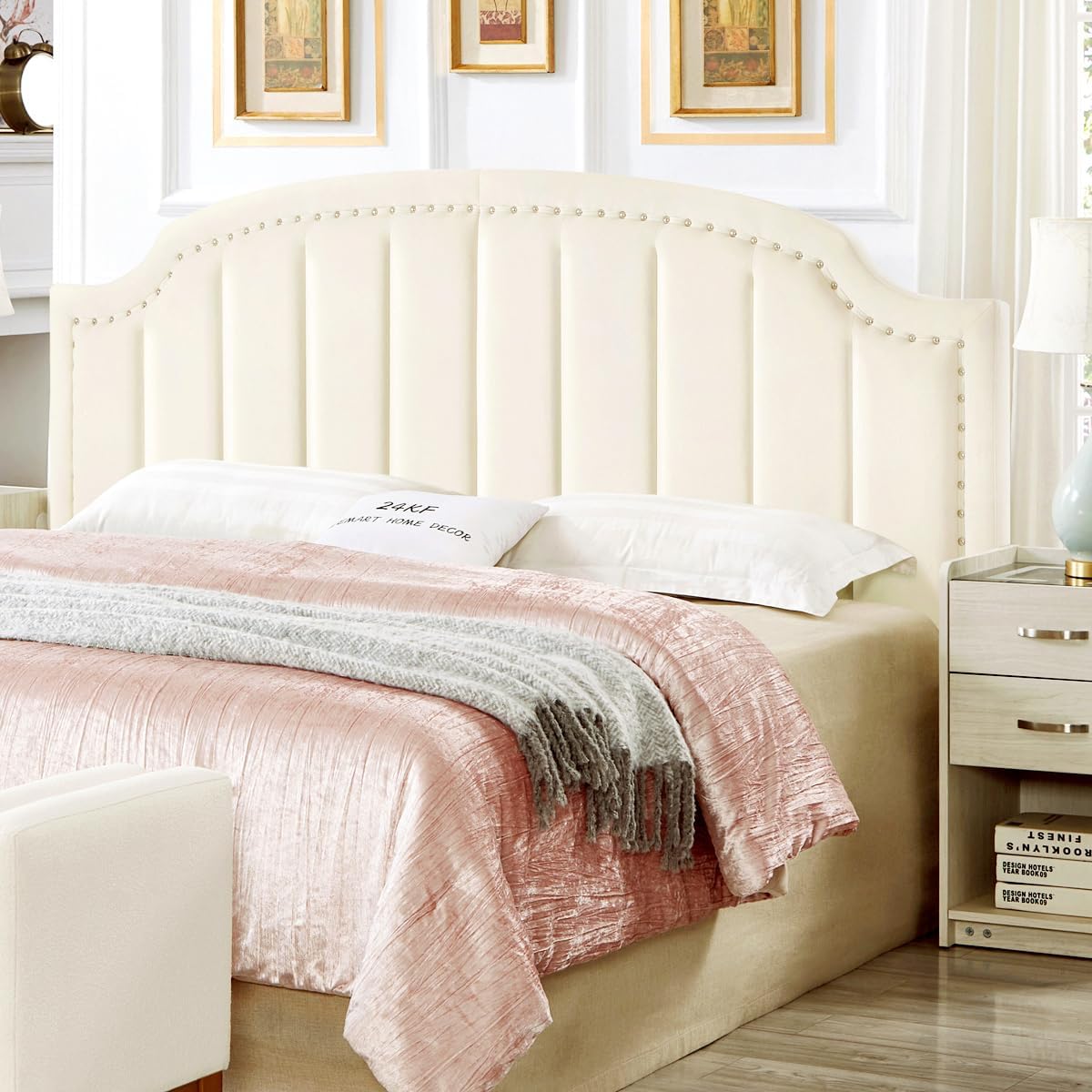 24KF Upholstered Channel Pattern Queen Headboard with Silver Nailhead Trim, Comfy Velvet Headboard Queen/Full, 6052-Q-Navy