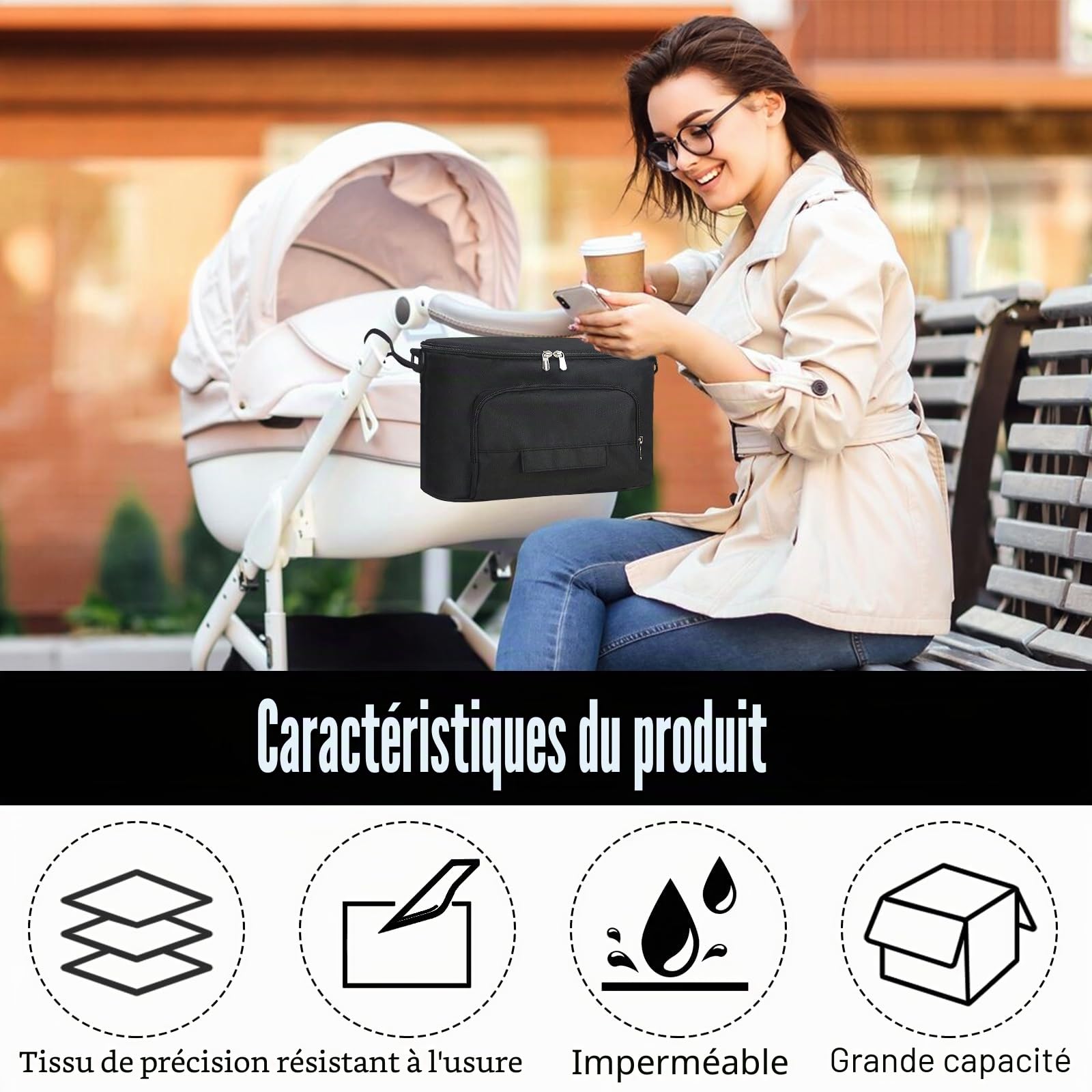 Organisateur Poussette Universel Imperméable Sac de Rangement pour Poussette en Oxford avec 2 Porte Gobelets Isothermes et Bandoulière Réglable Idéal pour Biberons, Couches et Accessoires Bébé (Noir)