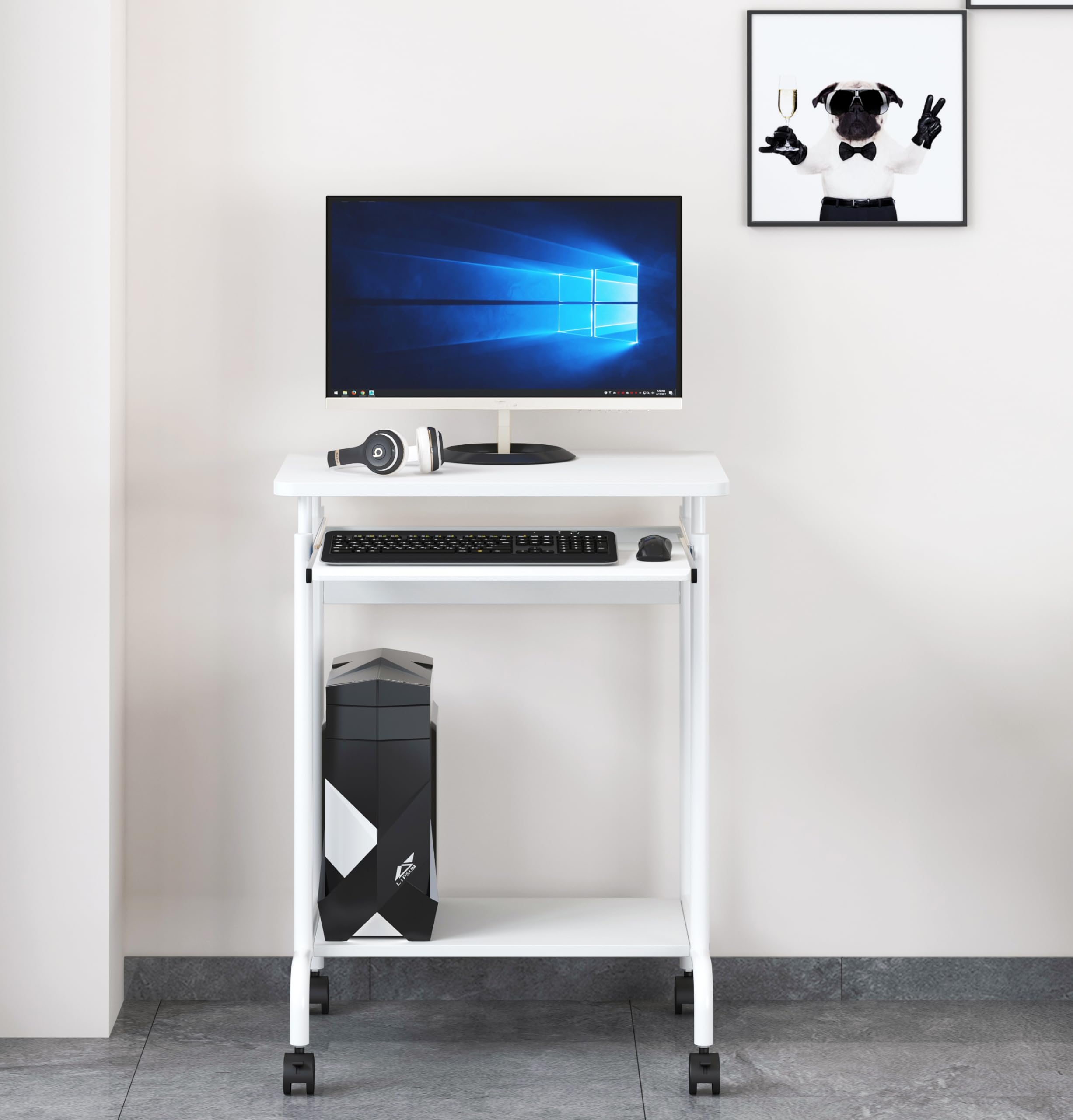 Techly 105926 Scrivania Mobile Compact per Computer Ripiano Tastiera Scorrevole Bianco Bianco