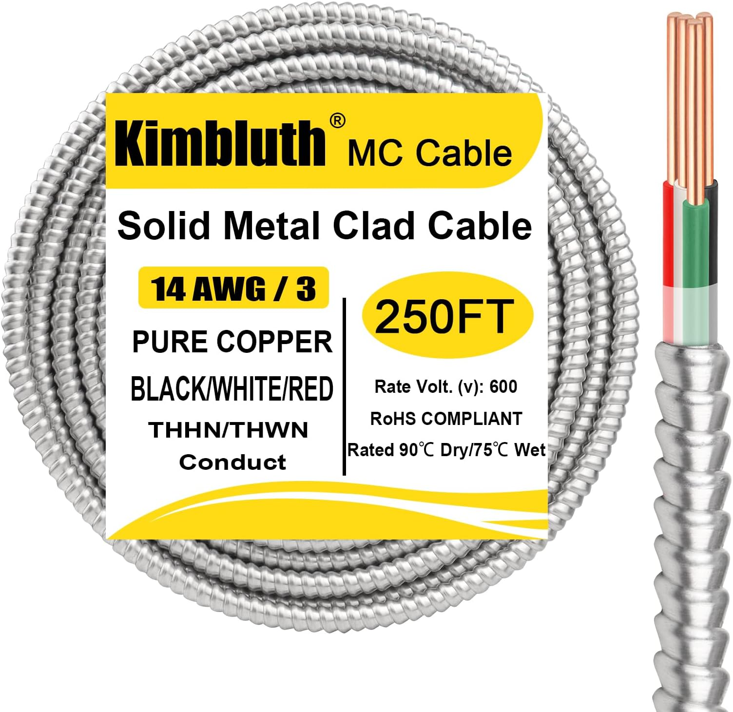14/3 Metal Clad (MC) Cable with Ground 250ft, 14 Gauge Electric Wire with Aluminum Armor, Solid Bare Copper Conductors for Indoor Outdoor Underground Embedded Installation (14/3, 250 ft)