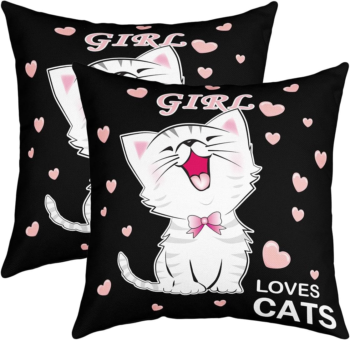Feelyou Cute Cat Throw Pillow Covers 22"x22" Set of 2 Soft for Kids Cats Print Decorative Throw Pillowcases Kawaii Pet Pillow Cases Cushion Covers Bedroom Decor Animals White Black Cushion Cases