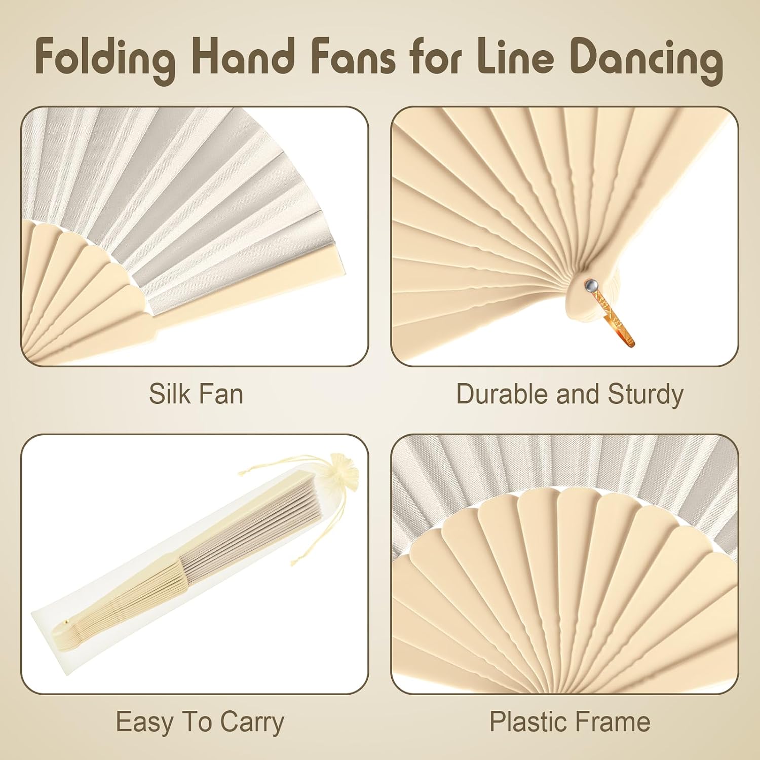 Blulu 12 Pack 9 Inch Clapping Fans for Line Dancing Bulk, Beige