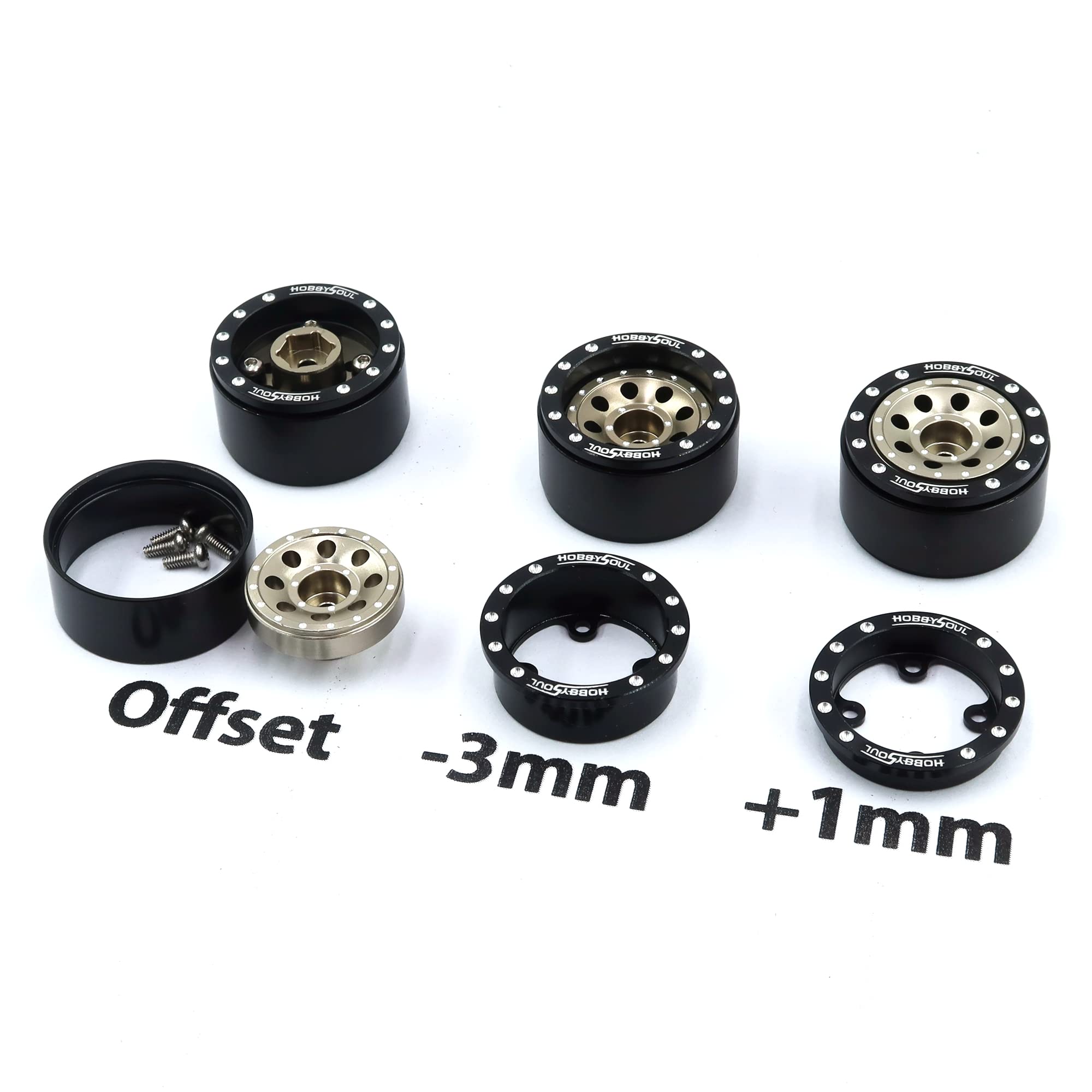 4 Jantes Beadlock Réglables 1.0 Hobbysoul – Aluminium + Anneau Inox, 21 G/roue, Pour TRX4M Et SCX24 Crawler