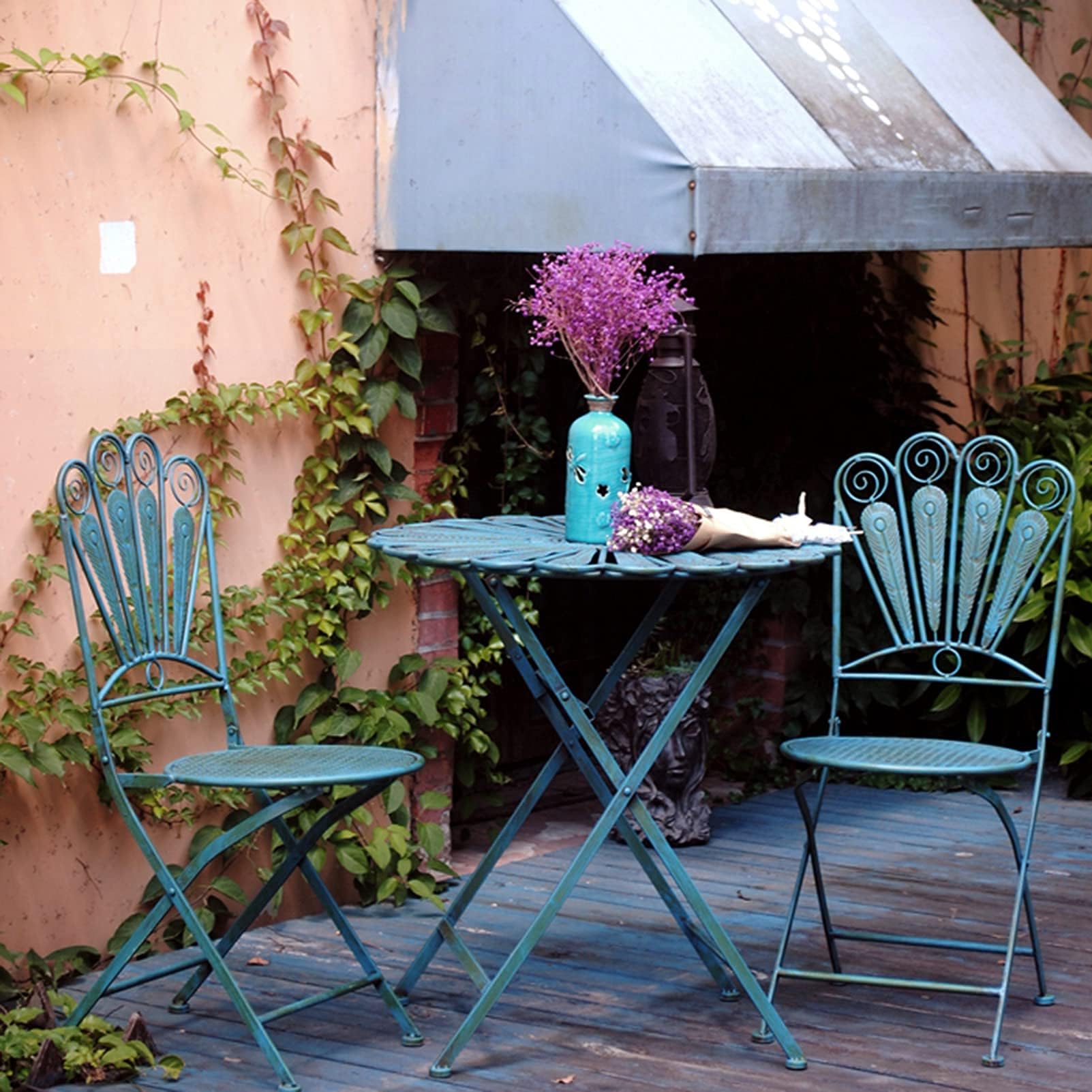 Outdoor Furniture 3-Piece Peacock Feather Rustic Metal Bistro Set Patio Seating, Metal round table and 2 terrace chairs, Wrought iron retro