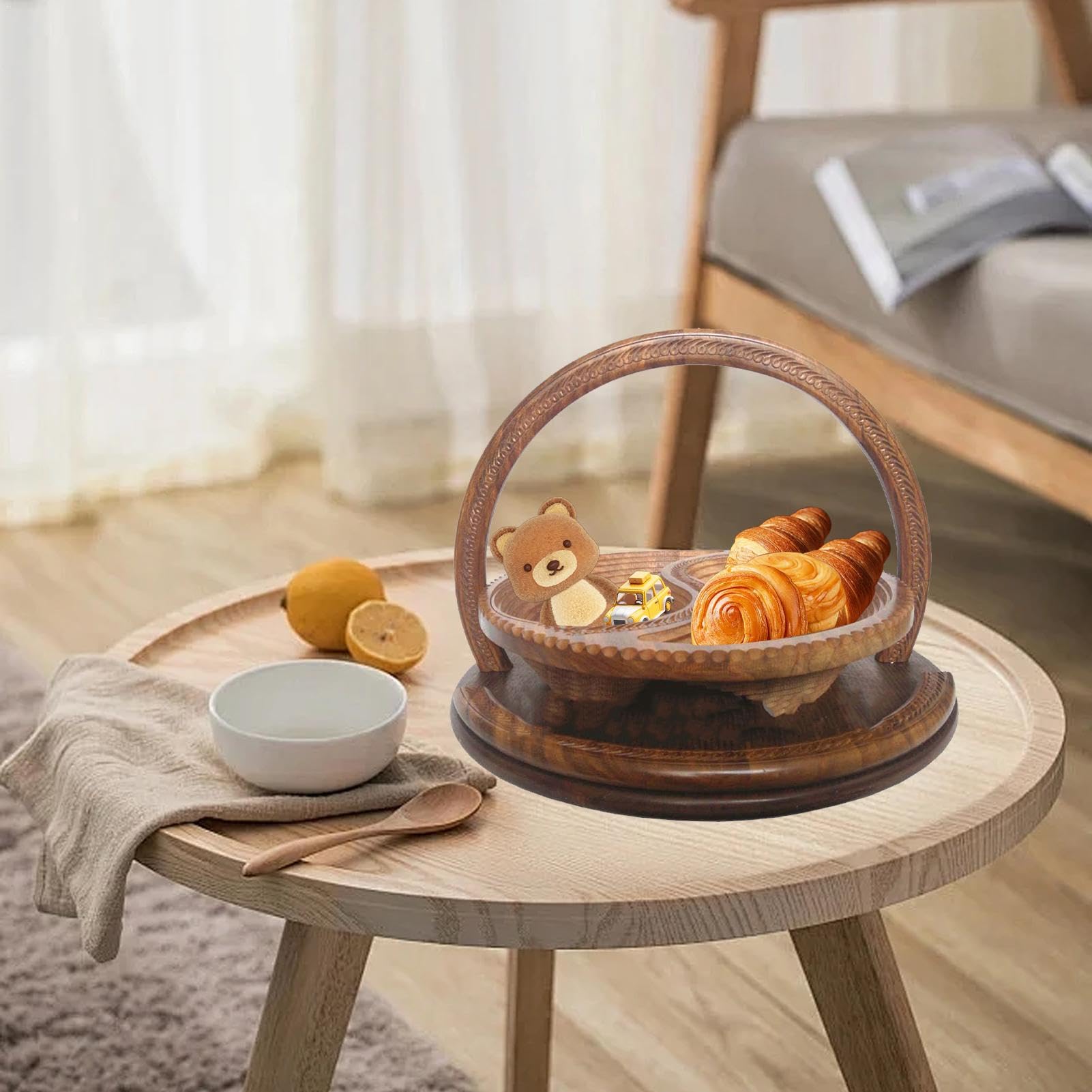 Corbeille à fruits en bois – Plateau de service pliable divisé en 4 compartiments | Paniers pliables pour , noix, bonbons, fruits, noix | compartiments | Paniers pliables pour , noix, bonbons, fruits, noix