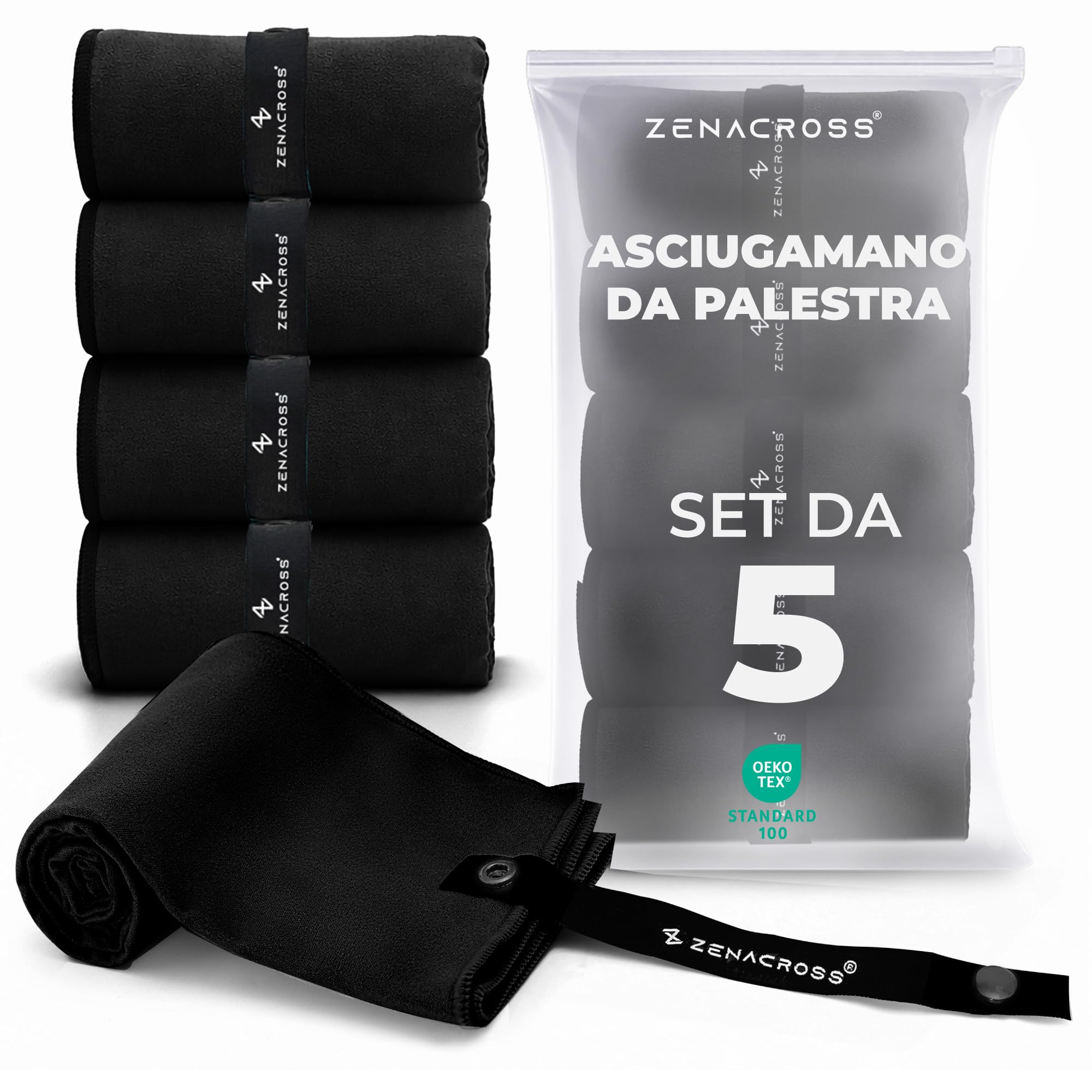 Zenacross Asciugamano Microfibra Set da 5, 40x77 cm - Telo Palestra Asciugatura Rapida e Assorbente - Gym Towel per Palestra - Nero
