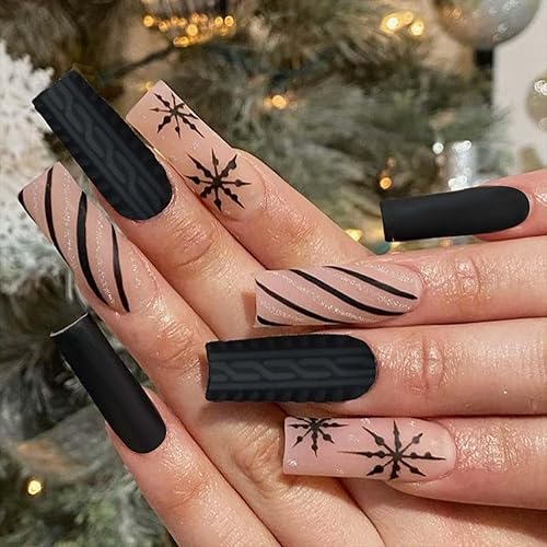 Christmas Press On Nails Long Square Fake Nails Snowflake With