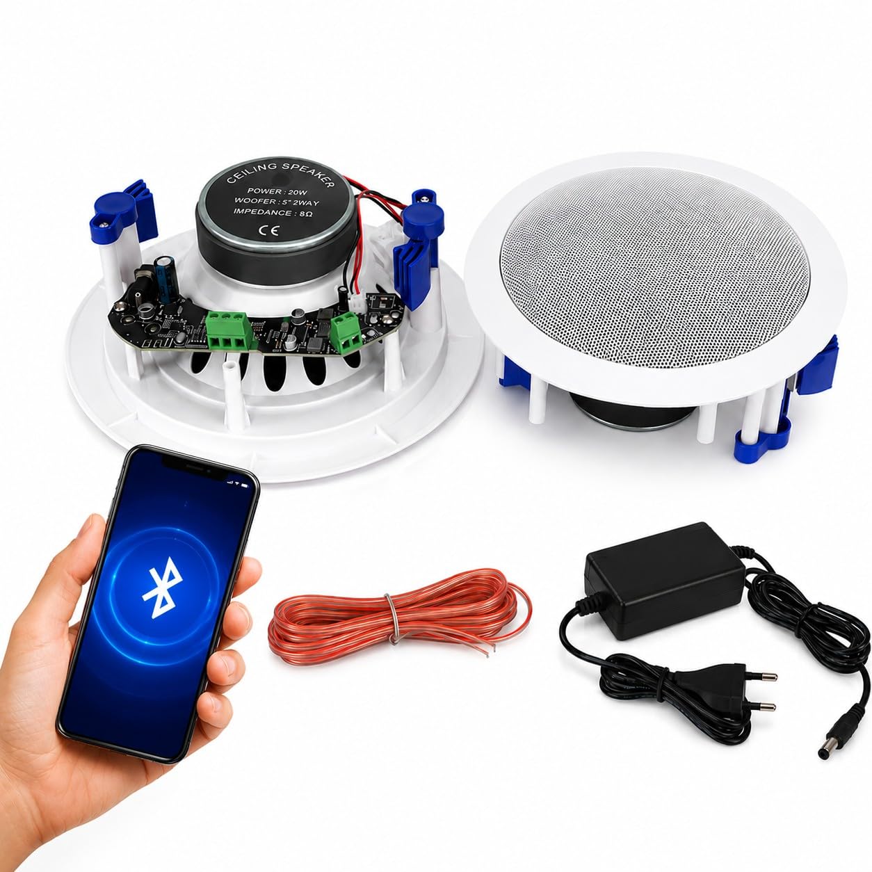Coppia 2 Casse da Soffitto Parete con Bluetooth 20W ad incasso 2 Vie Woofer 5" Altoparlanti Audio per Casa Ufficio Controsoffitto con 1 Cassa Bluetooth e 1 Passiva