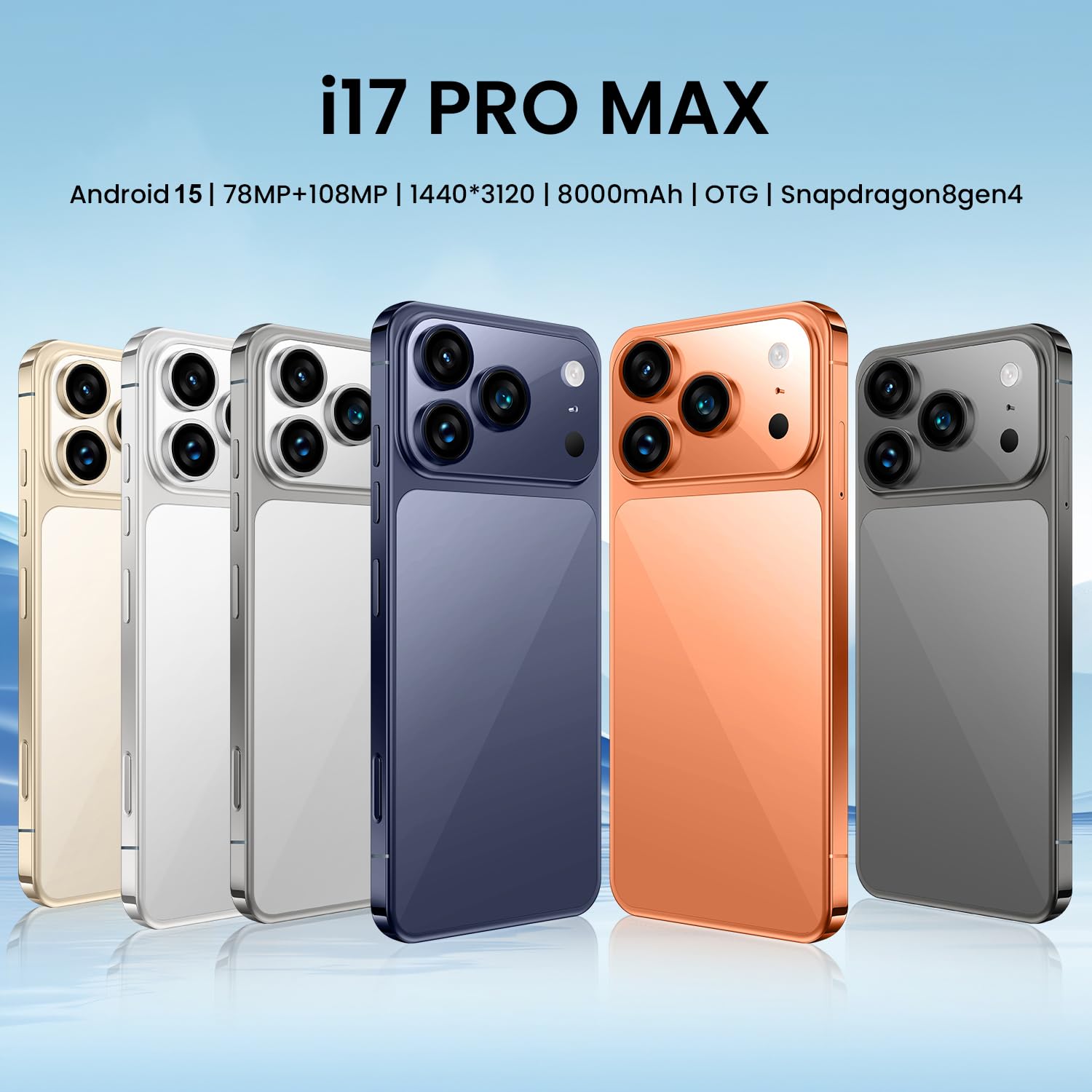 I17 Pro Max Telefono Cellulare 5G Sbloccato Android 15 Telefono Dual SIM Smartphone Con Fotocamera Da 108 MP E 78 MP Batteria Da 8000 MAh Standby 16 GB E 1 TB Smartphone A 10 Core,Blue-7.3 Inch