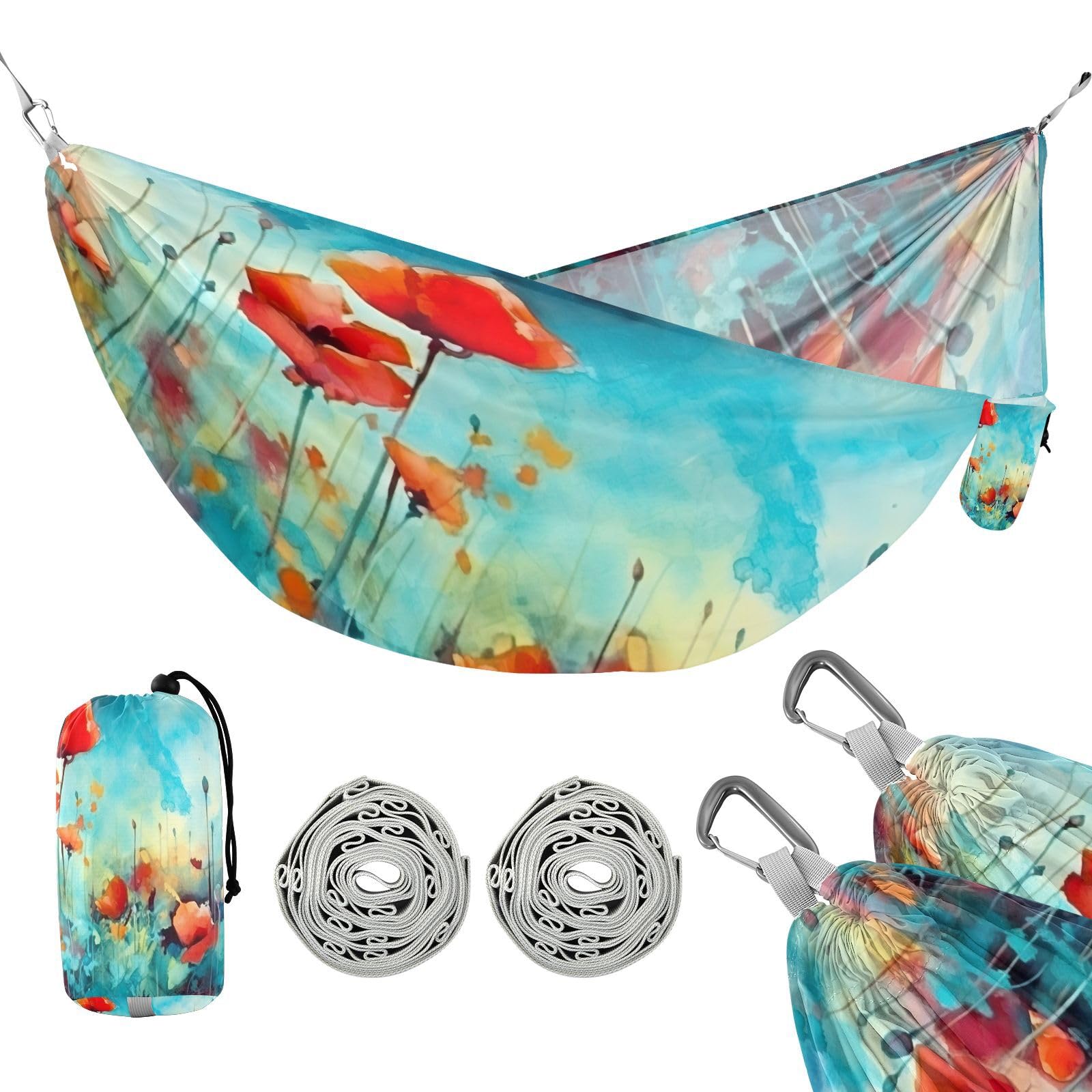 Haskirky Flower Painting Camping Hammock, Single Portable Hammocks with Tree Straps & Attached Carry Bag, 330Lbs Capacity Perfect for Outside Indoor Hiking Beach Backpack Travel