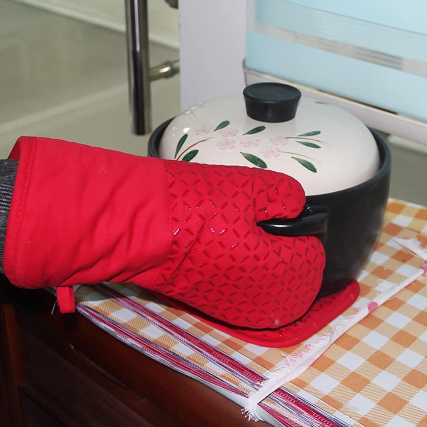 Guanti Forno In Silicone E Cotone - Resistente Al Calore, Con Gancio, 2 Pezzi Gialli - Foto 7