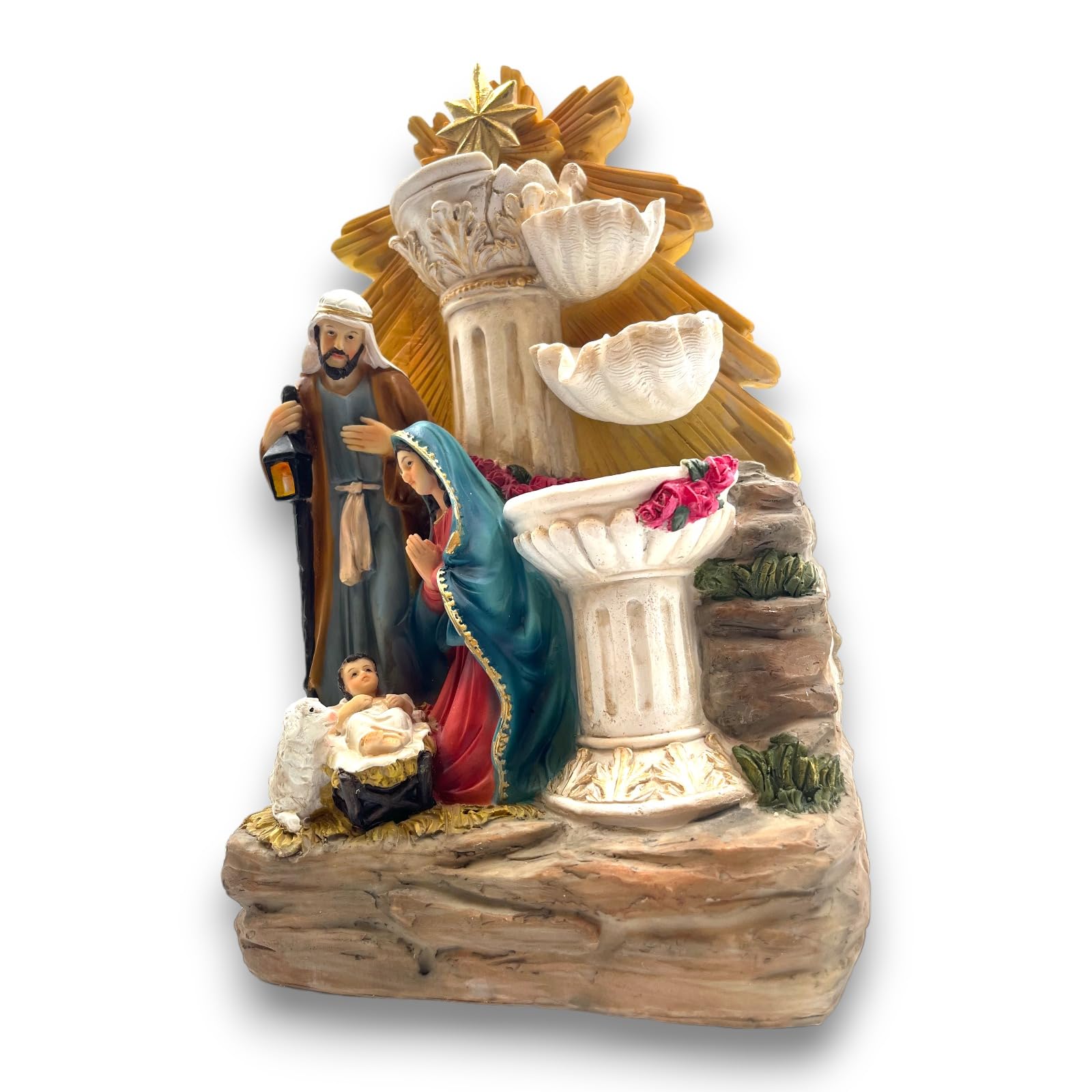 Generico Aurora Store Natività con Colonne Fontana e Luci elettrico 35 cm Decorazione Natalizia Presepio Napoletano Artigianale