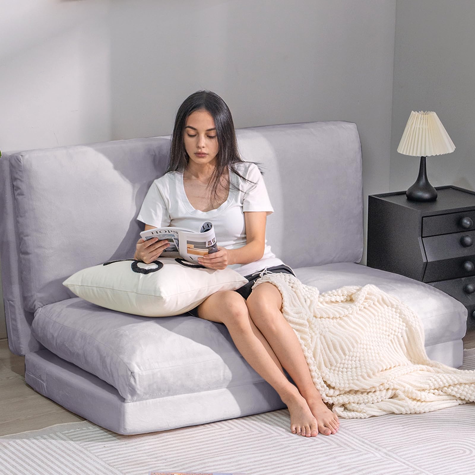 Tantohom Floor Sofa Bean Bag Bed, Foam Filling Fold Full Mattress with Washable Soft Faux Fur Cover, Couch for Bedroom Living Room (Grey, Large)