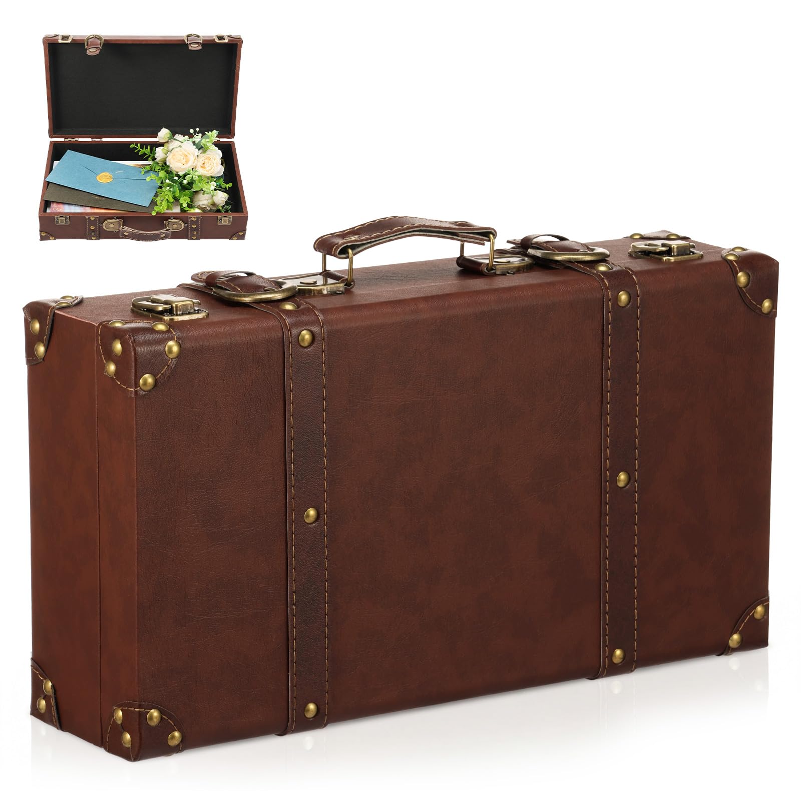 YUEKUNTJ Vintage Leather Suitcase, Wood Prop Vintage Suitcase Storage Box, 40×22×11cm Decorative Prop Luggage, Retro Travel Chest, Wooden Storage Carrying Case for Travel Storing Clothes(Large)