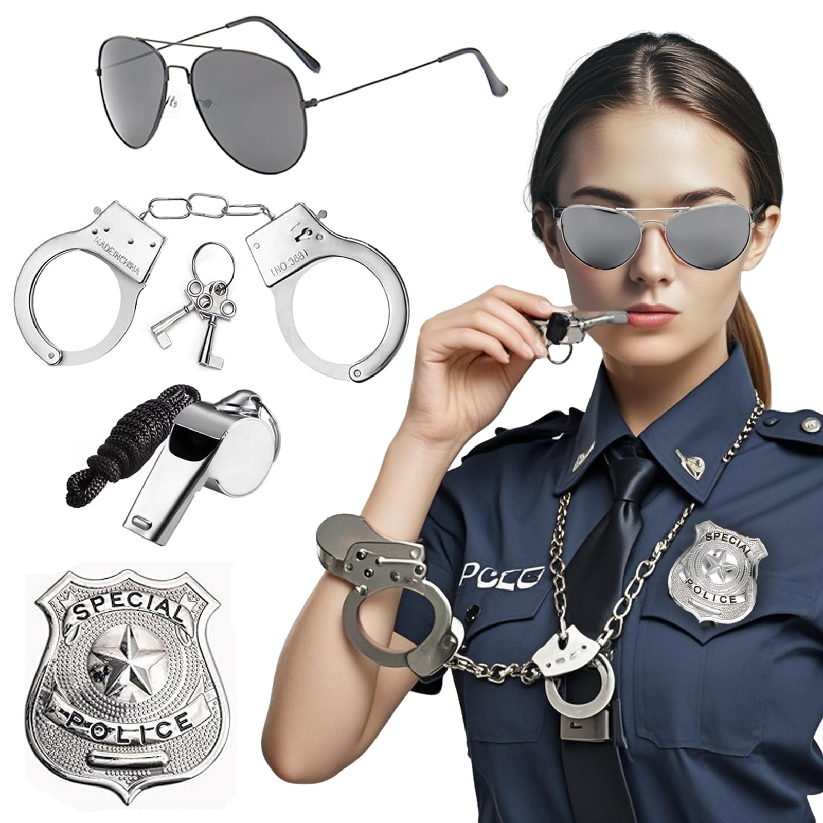 MUFEKUM Police Costume Accessories, Police Fancy Dress Set including Badge Handcuffs Key and Glasses