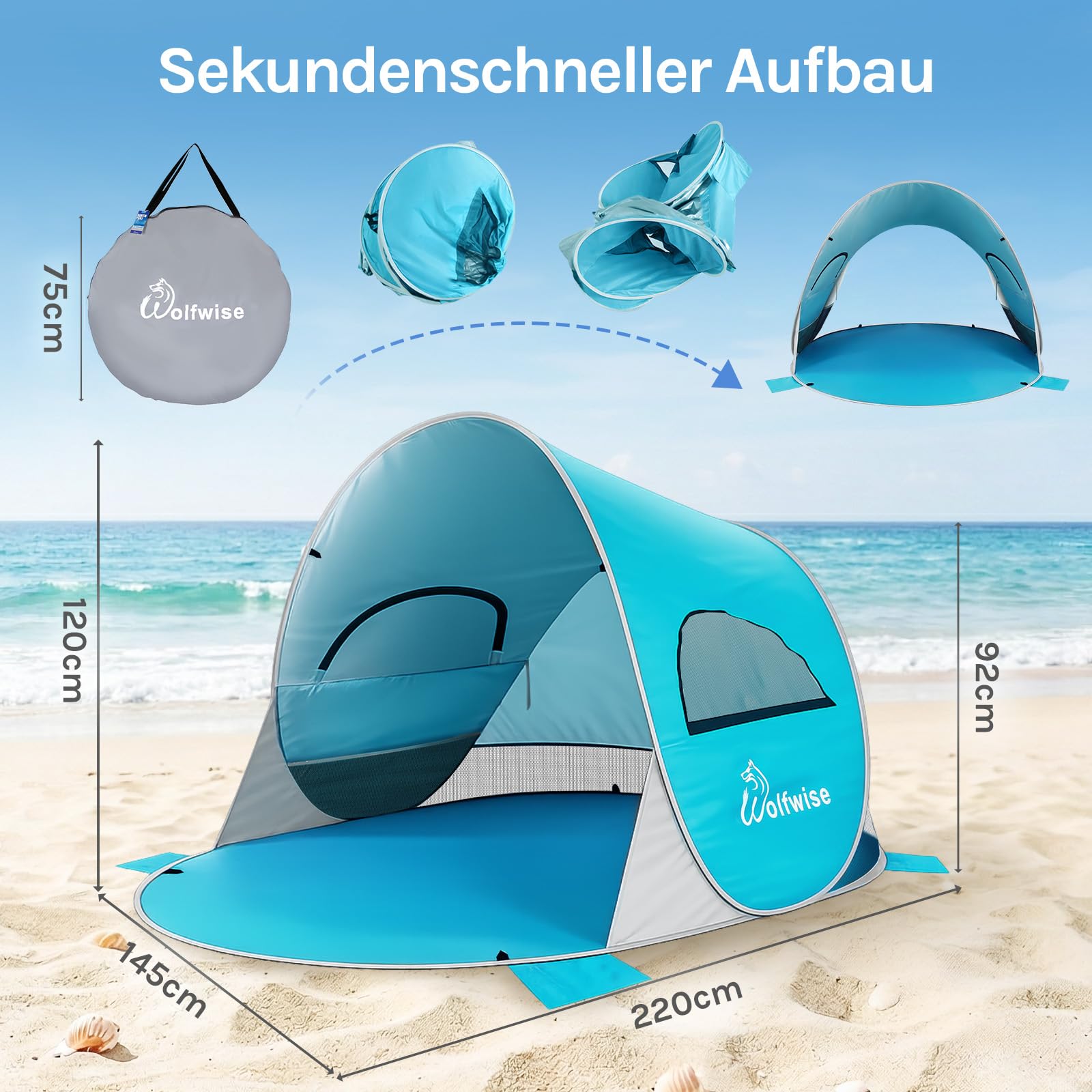 WolfWise Strandmuschel Pop-Up Zelt mit UV-Schutz 50+, 3-4 Personen Strandzelt, Sonnenschutz & Windschutz Tragbar Wurfzelt Baby Kinder Sonnenzelt Kleines Packmaß für Familie Camping Garten Strand Blau