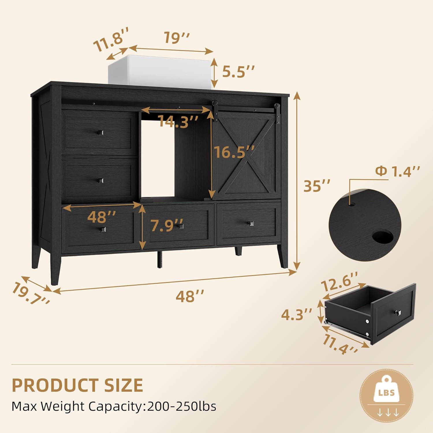 VNN Bathroom Vanity with Sink - 48 Inch Bathroom Vanity with Sink Ceramic, Freestanding Cabinet with Farmhouse Sliding Barn Door and 7 Drawers, Space-Saving Storage Cabinet, Wood Grain Texture, Black