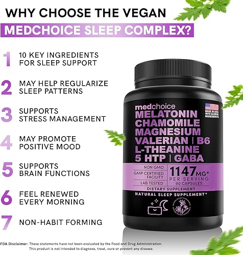 Miniatura 2 de MEDCHOICE Melatonina 10 en 1 6 mg ayuda natural para dormir, suplemento para dormir con L teanina, 5 HTP, GABA, raíz de valeriana, manzanilla,