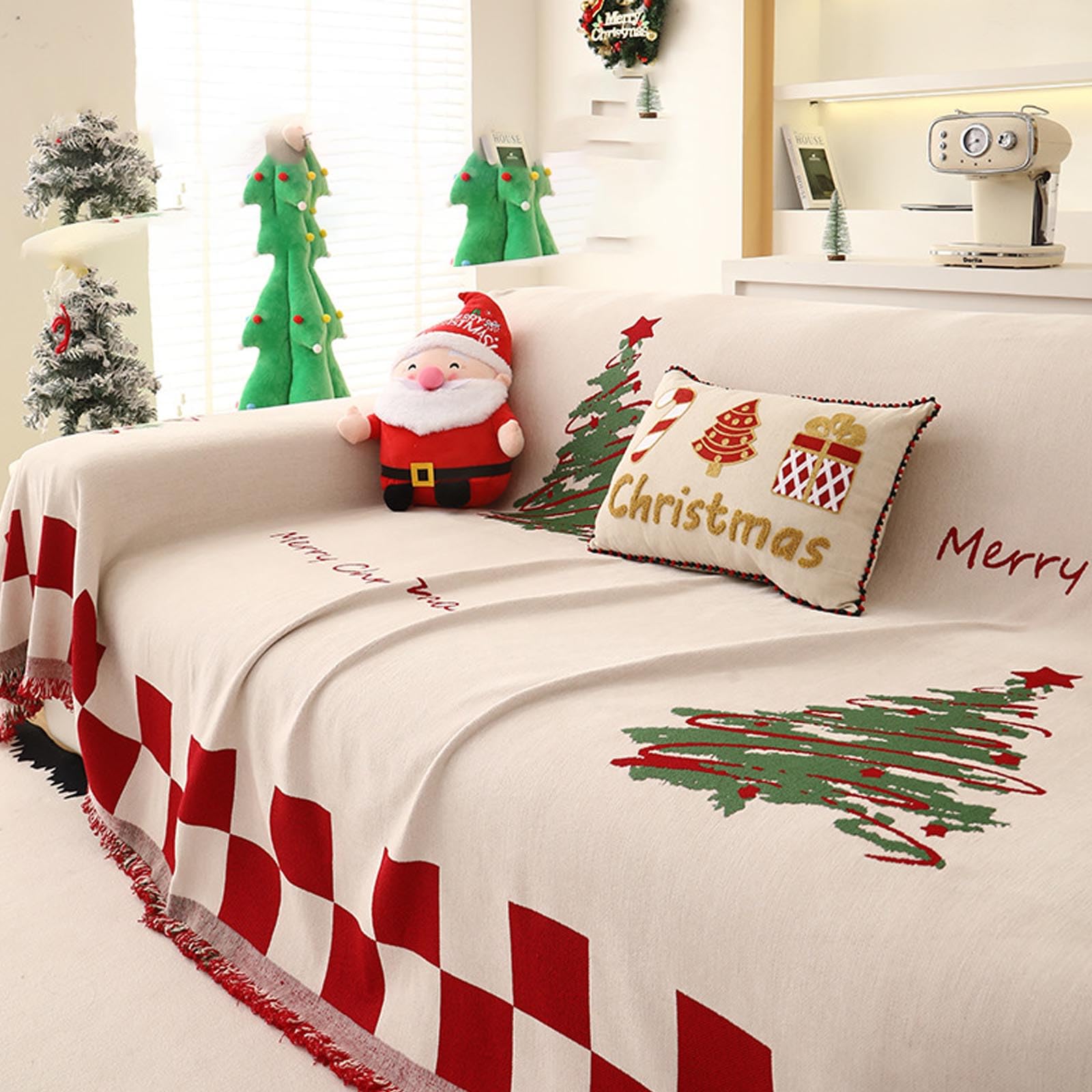Housse de canapé de Noël en chenille blanche 180x150 cm pour protection anti-poils d'animaux
