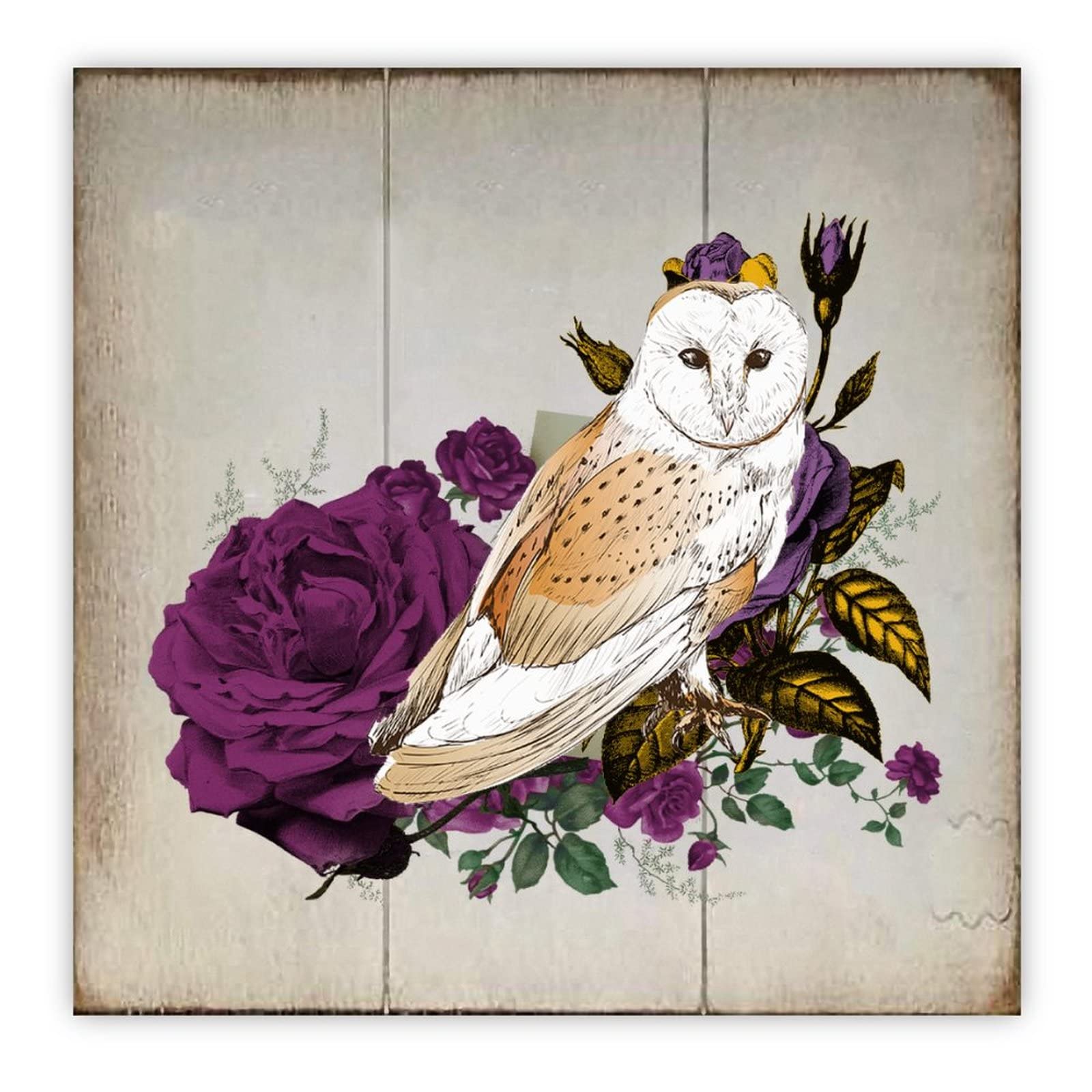 Panneau en bois fleur violette et chouette pour décoration soignée