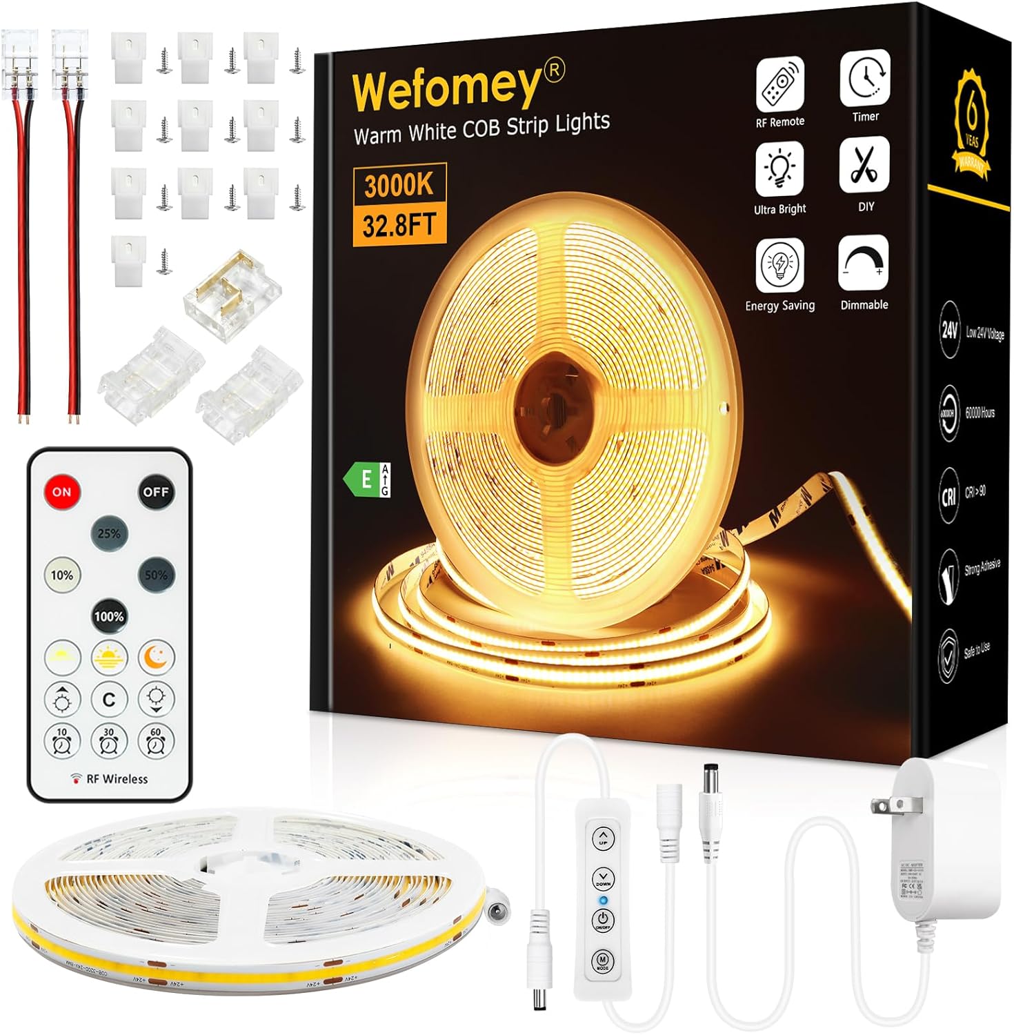 COB LED Strip Light Warm White 3000K, 32.8ft Dimmable Bright 24V Led Tape Light with RF Remote, Indoor COB Led Lights for Bedroom Kitchen Under Cabinet DIY Lighting, 1 Rolls of 32.8ft