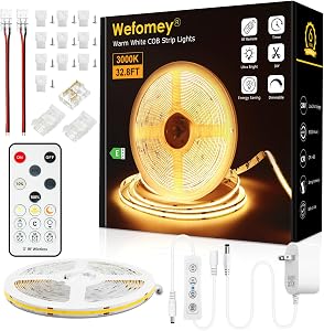 COB LED Strip Light Warm White 3000K, Dimmable Bright 24V Led Tape Light with RF Remote, Indoor COB Led Lights for Bedroom Kitchen Under Cabinet DIY Lighting, 1 Rolls of 10M