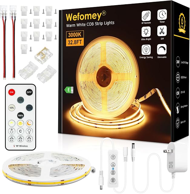 COB LED Strip Light Warm White 3000K, Dimmable Bright 24V Led Tape Light with RF Remote, Indoor COB Led Lights for Bedroom Kitchen Under Cabinet DIY Lighting, 1 Rolls of 10M