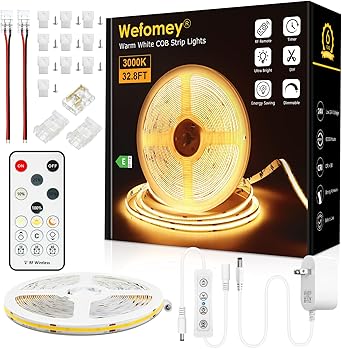 COB LED Strip Light Warm White 3000K, 32.8ft Dimmable Bright 24V Led Tape Light with RF Remote, Indoor COB Led Lights for Bedroom Kitchen Under Cabinet DIY Lighting, 1 Rolls of 32.8ft