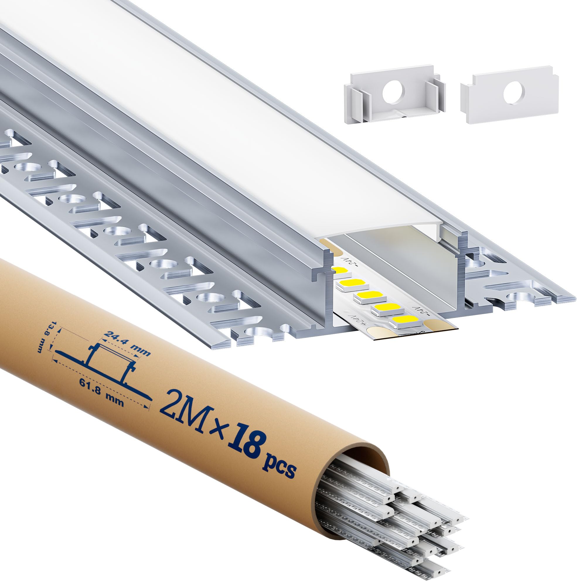 Profilo in alluminio a 18 LED, 2 m, guida per diffusore di luce, profilo LED per cartongesso, dimensioni 24,4 mm (lamelle 61,8 mm) x 12,8 mm, supporta la larghezza massima della striscia 20 mm