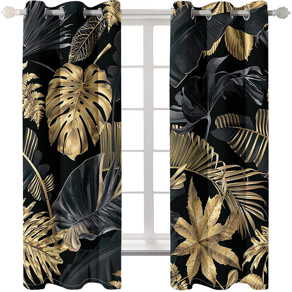 Rideau Opaque Plante Or Art créativité L 280 x H 260 cm 3D Impression Salon Moderne Isolant Thermique Et ?Sonore Oeillets Polyester 2 Pièces pour Chambre Salle de Jeux