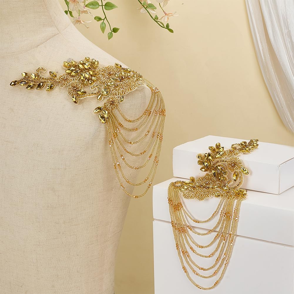FINGERINSPIRE 1 Paar Strass-Applikation für Kleidung, goldene Schulterklappen, Schulteraufnäher, Nähen, Strass, Perlen, Quaste, Applikation für Hochzeitskleid, DIY-Zubehör
