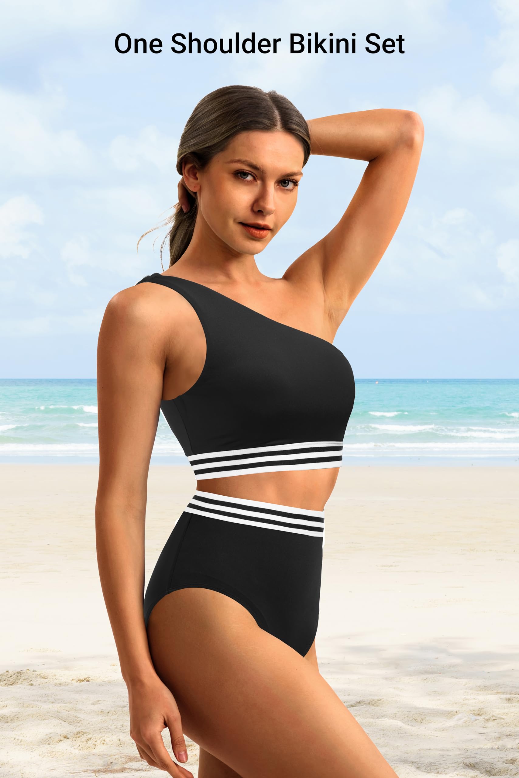 Holipick Damen-Bikini-Set, eine Schulter, hohe Taille, zweiteiliger Badeanzug, Bauchkontrolle, volle Abdeckung, Bademode | Herausnehmbare Pads, vollständige Abdeckung, vollständiges Futter, Bauchkontrolle, für Pool, Strand, Urlaub