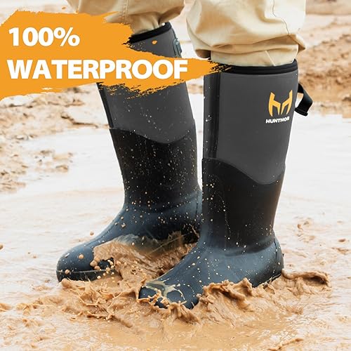 Vista 10 de Botas de trabajo de goma, botas de goma con punta de acero para hombres, botas de caza de goma impermeables de neopreno de 0.236 in para Negro