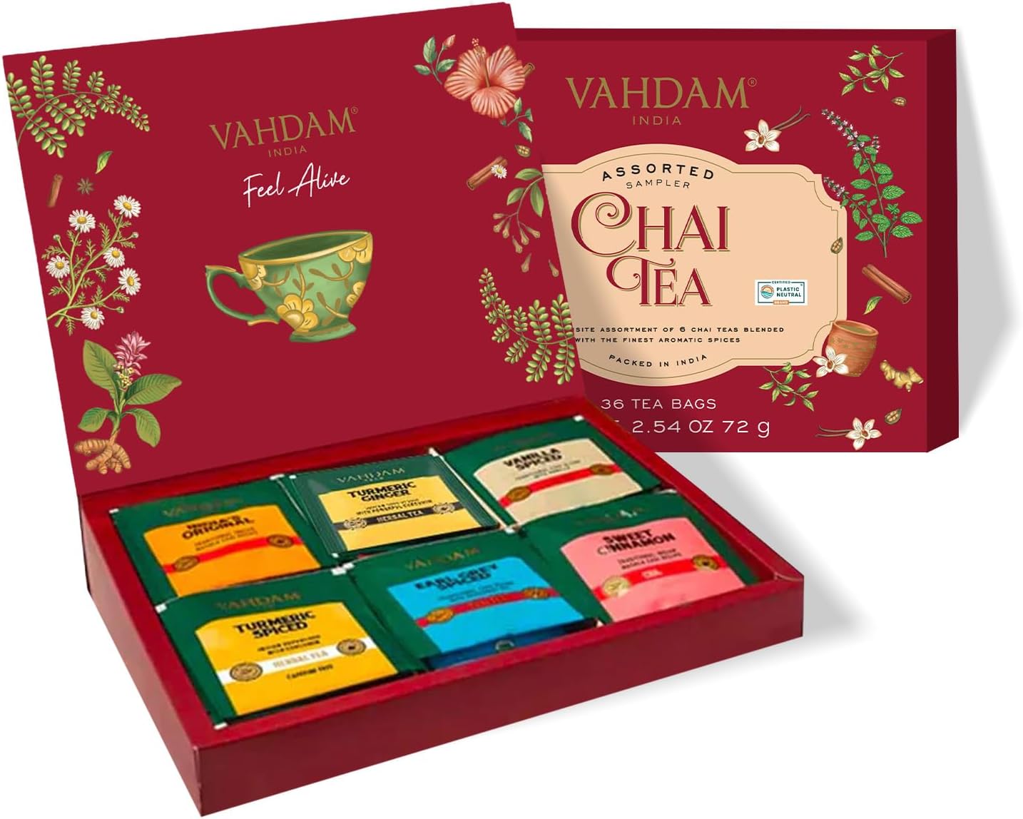 VAHDAM, Assorted Chai Tea Variety Pack (6 Delicious Flavors, 36 Eco Friendly Pyramid Tea Bags) Caffeinated, Gluten Free, Non GMO | Indian Masala Chai Tea Blends | Tea Gift Set for Men and Women