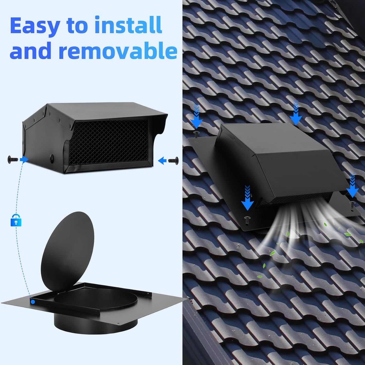 10 Inch Roof Vent Cap with Wind Damper and Mesh to Provide Flow of Fresh Air and Keep Critters Out,10 Inch Roof Exhaust Vent, Black