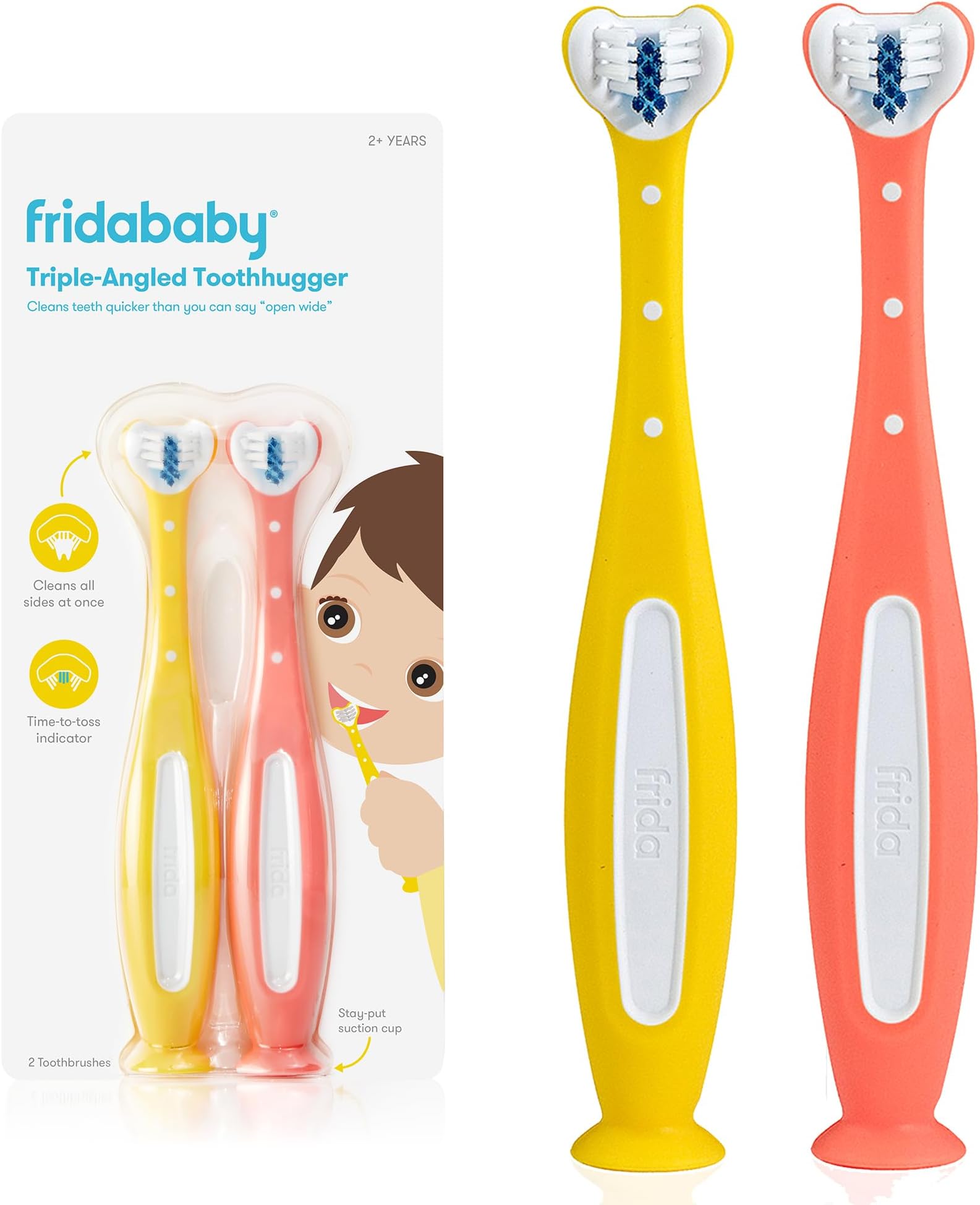 Triple-Angle Toothhugger Training Toddler Toothbrush | Toddler Toothbrush 2 Years and Up, Cleans All Sides at Once | 2 Pack (Yellow + Pink)
